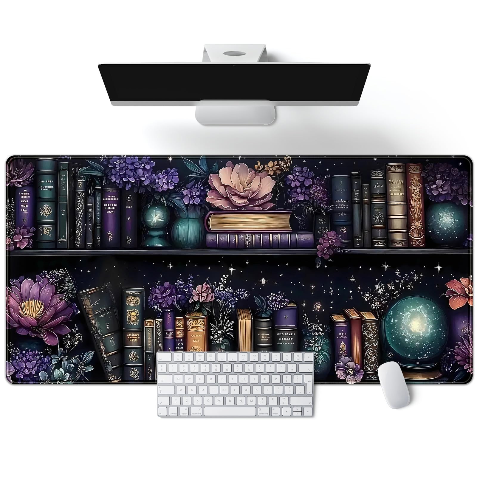 Purple Flowers Bookshelf Desk Mat Bookish Desk Pad Celestial Floral Books Lar...