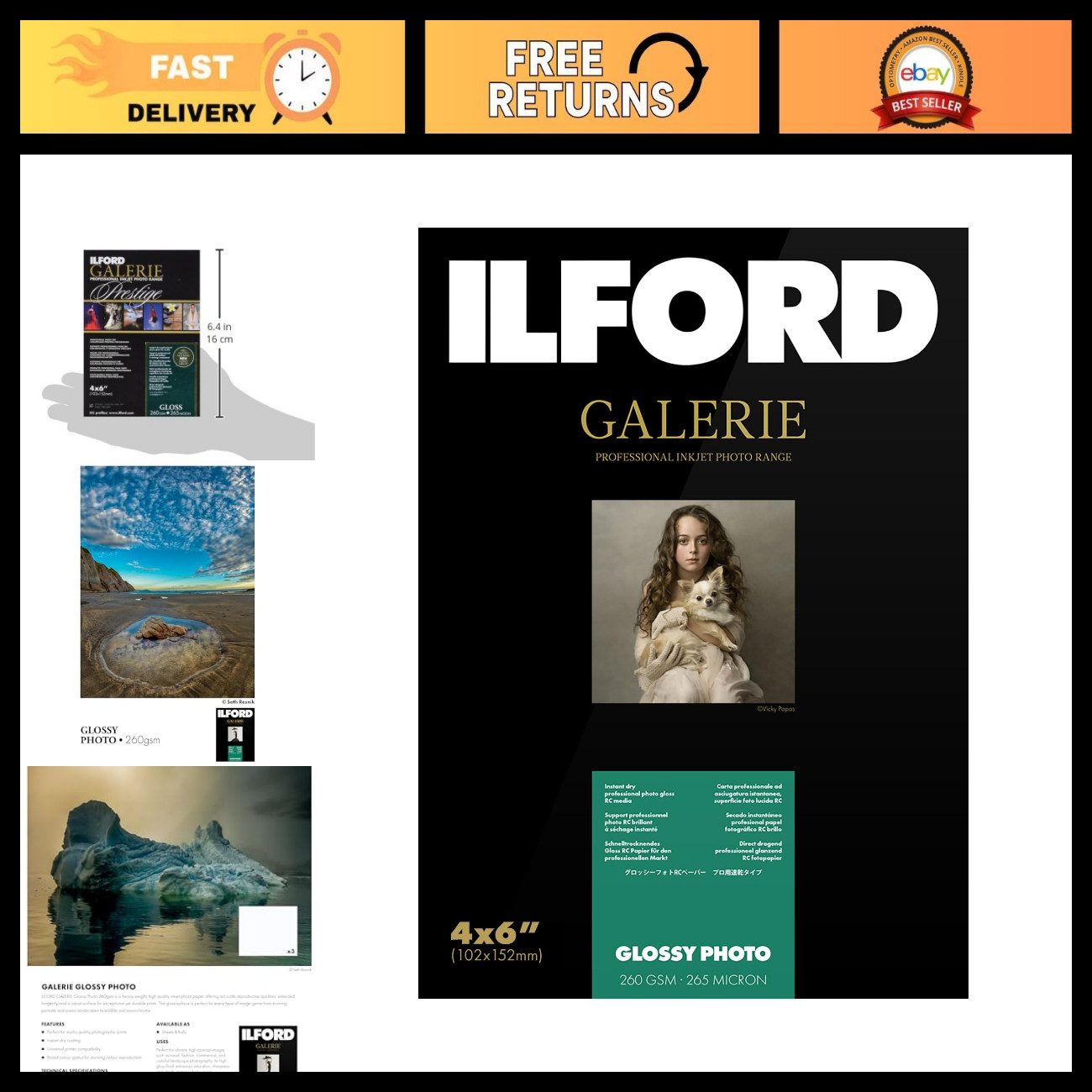 Glossy Photo Paper 4x6" (100 Sheets) - High-Gloss, Instant Dry, Archival Inkjet
