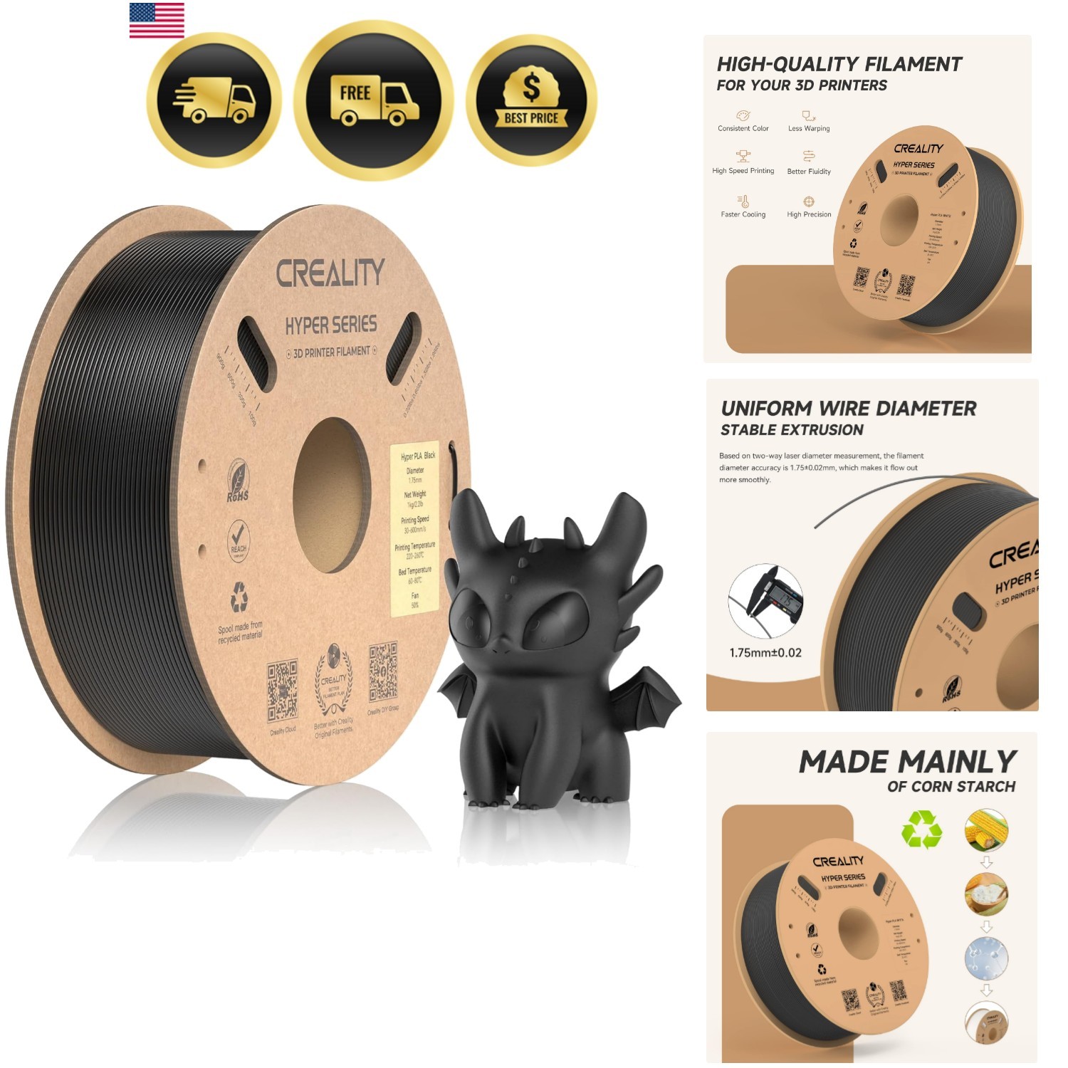 Official Hyper PLA Filament 1.75mm, High Speed PLA 30-600mm/s Rapid 3D Printe...
