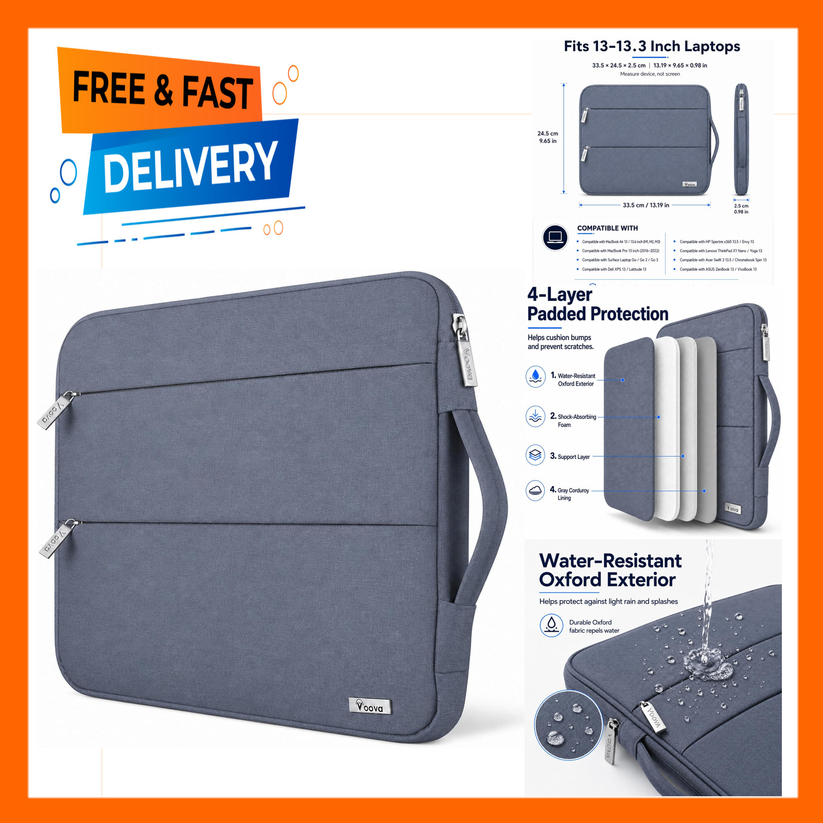 13.3 Inch Laptop Sleeve, Water Resistant Fabric, MacBook Air Pro Compatible
