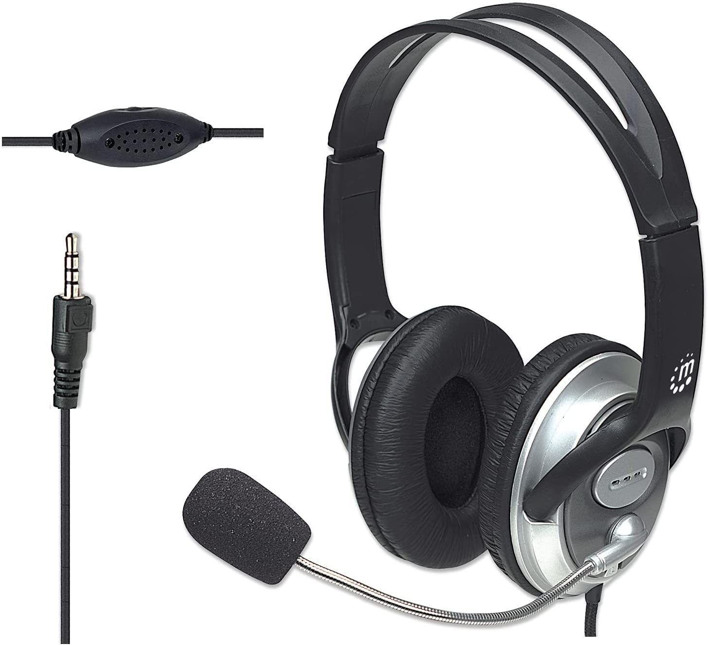 Wired Headset with Microphone, 8 ft Braided Cable, Volume Control, 3.5mm Jack