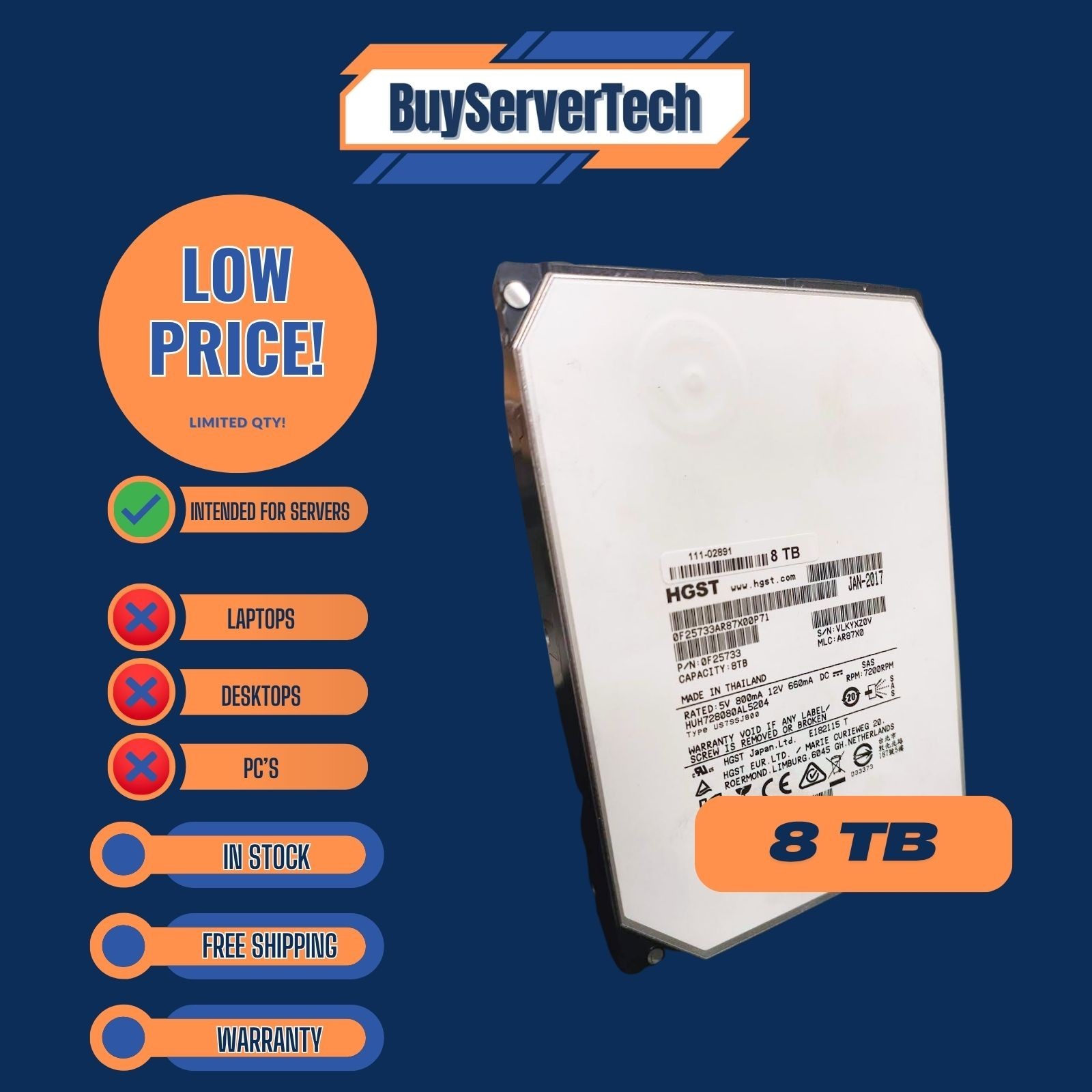 HGST HUH728080AL5204 8TB 7.2K SAS 12Gb/s 3.5" HDD 0F25733