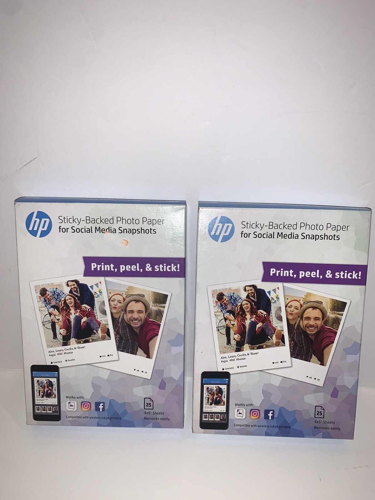HP Photo Paper,Sticky Back Social Media Snapshots (4x5) 25 sheets *LOT OF 2 *NEW