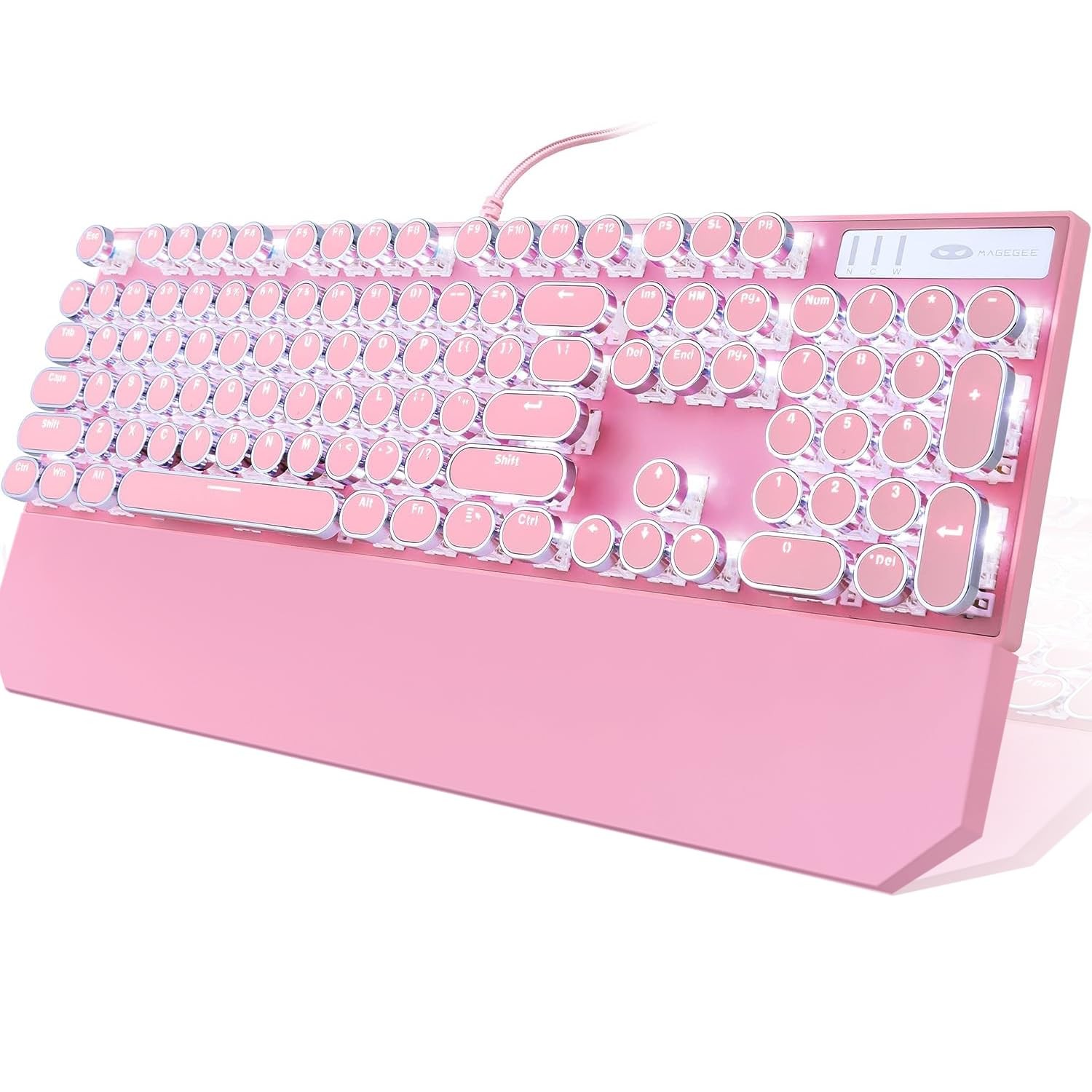 Pink Retro Punk Typewriter Mechanical Gaming Keyboard White Backlit Blue Switch