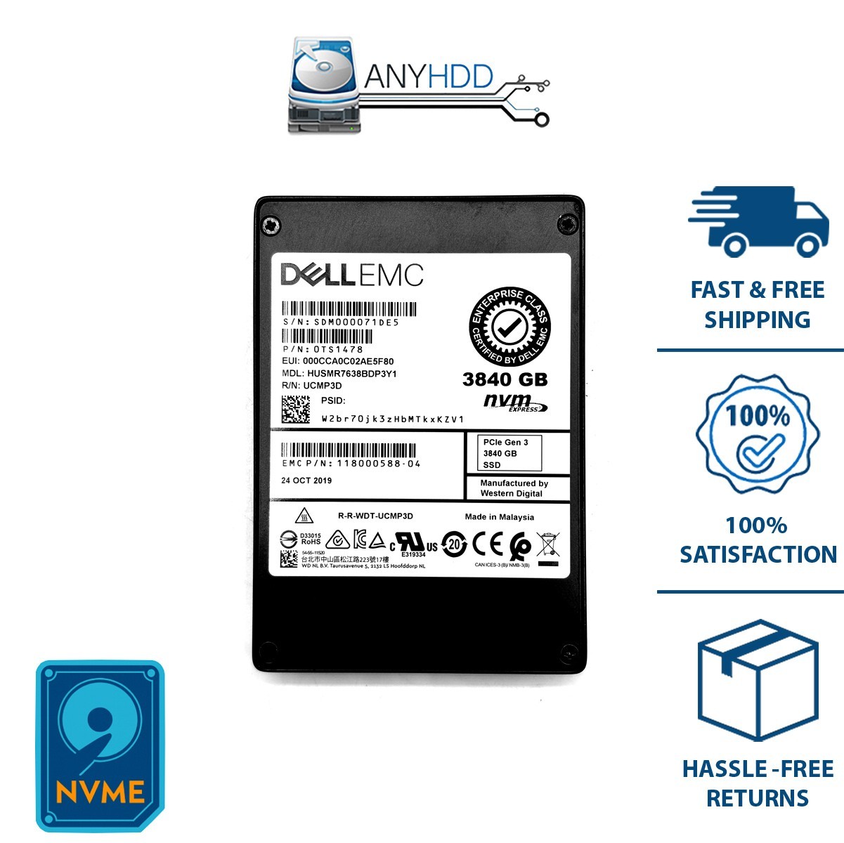 Dell EMC 3.84TB U.2 NVMe PCIe Gen3 Enterprise SSD HUSMR7638BDP3Y1 0TS147