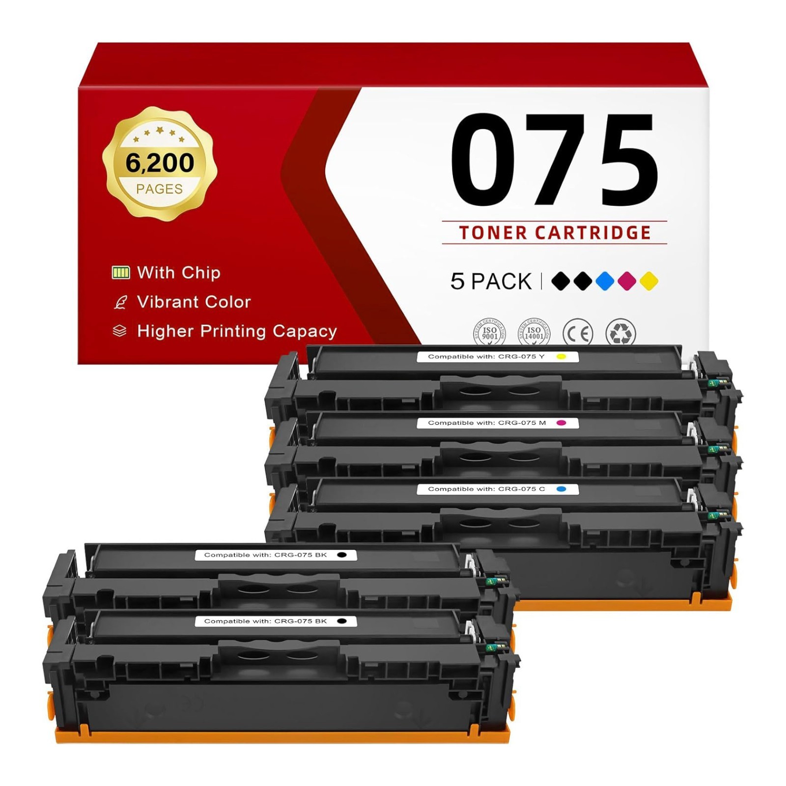 5 Pack 075 Toner Cartridge Set for Canon ImageCLASS MF665CDW MF662CDW LBP646Cdw