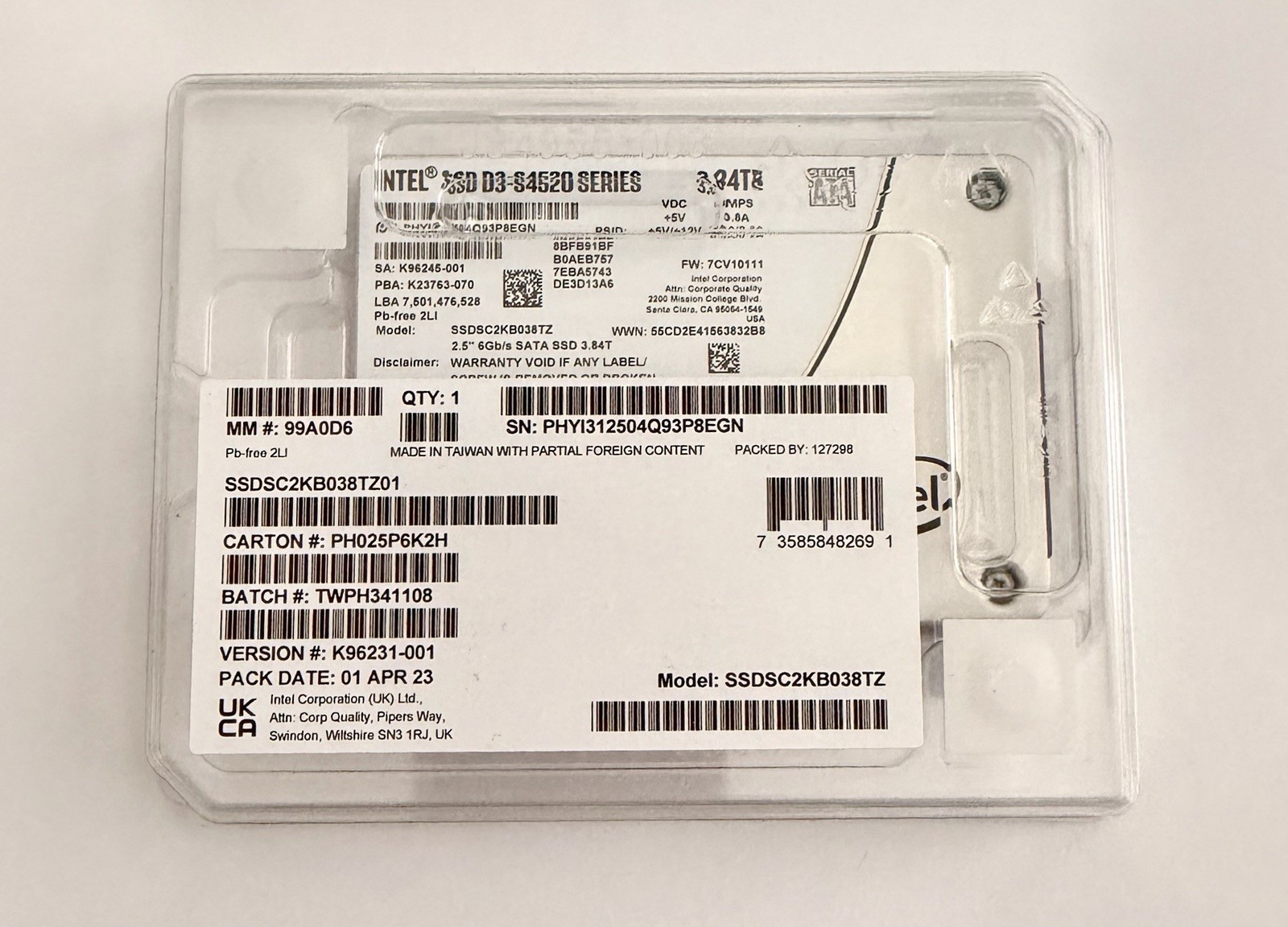 Intel D3-S4520 3.84TB, 2.5 Inch Internal SSD SSDSC2KB038TZ01