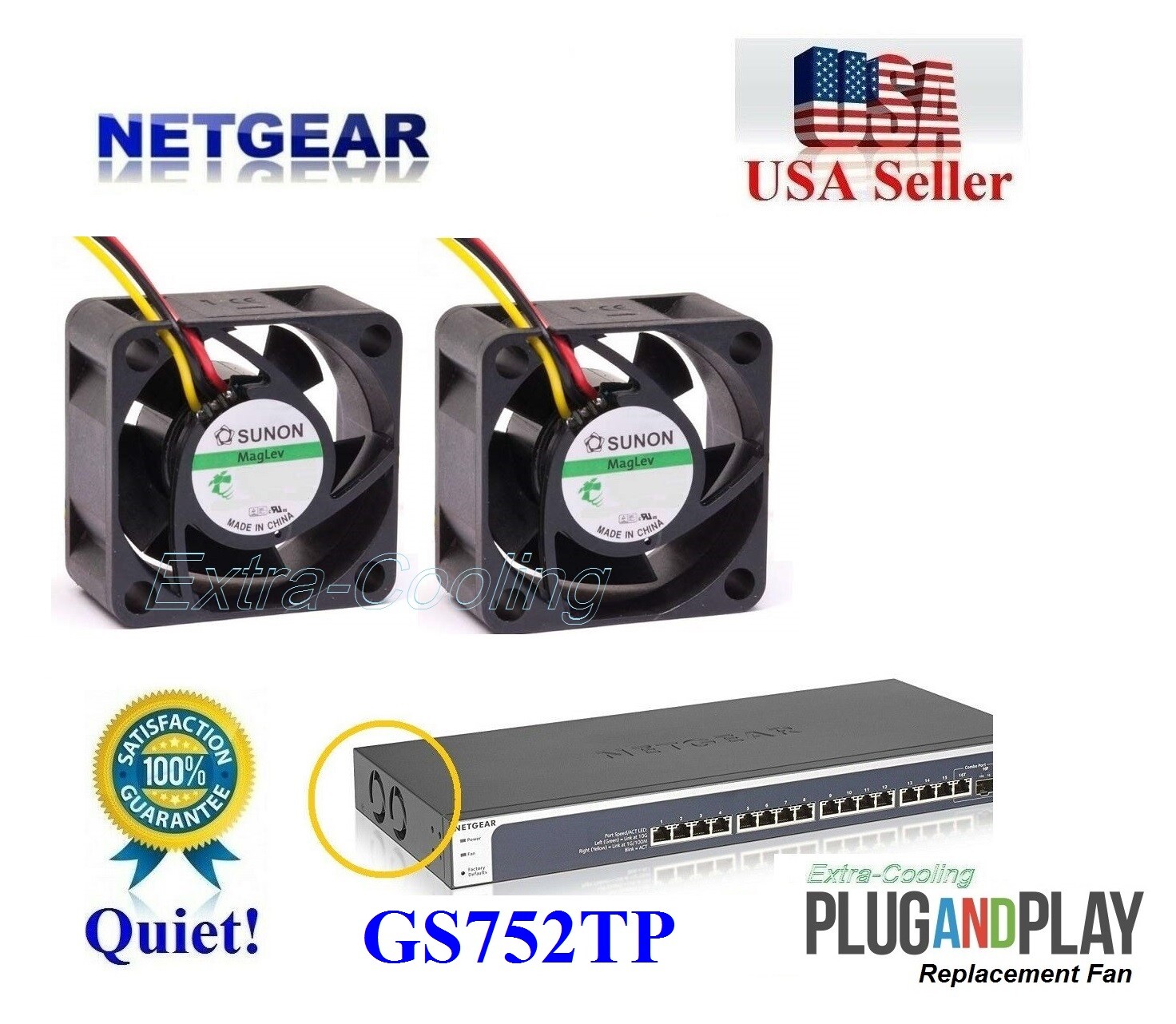 2x Quiet Replacement Fans for NETGEAR ProSAFE GS752TP 48-Port 2x Low Noise Fans
