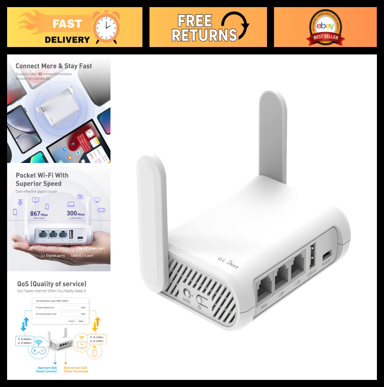 Portable AC1200 Dual-Band Travel Router, 3 Gigabit Ports, OpenVPN, WireGuard, 14