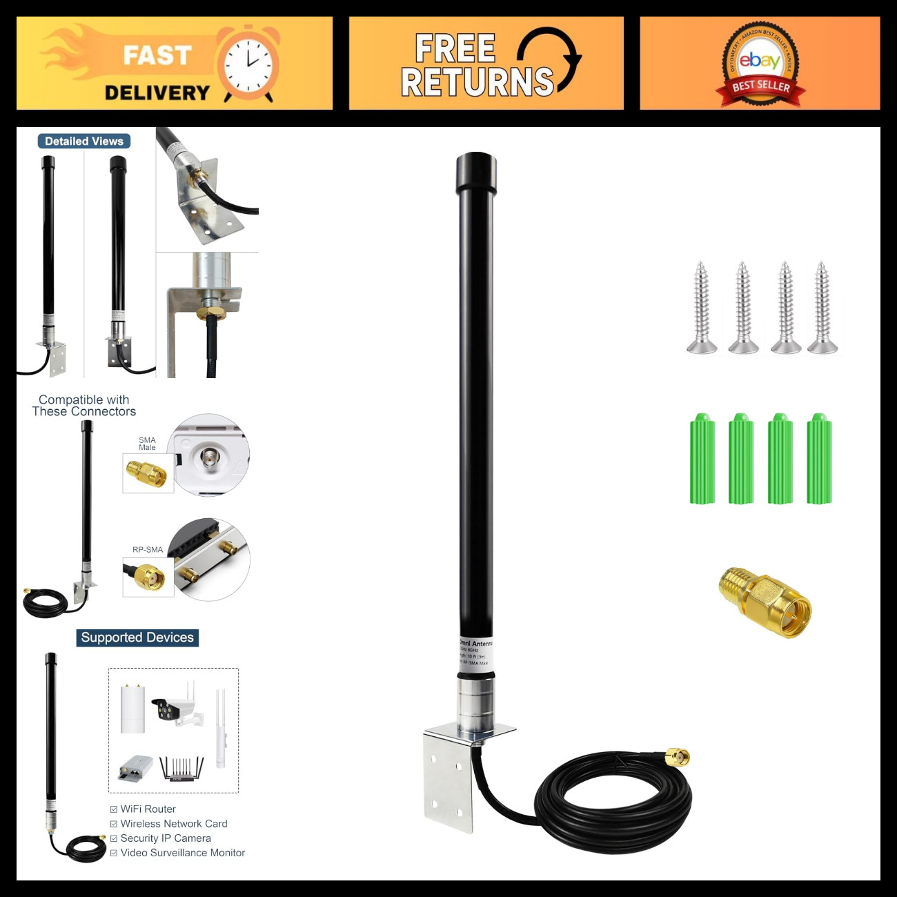 Tri-Band WiFi Antenna Set 2.4G 5GHz Long Range Outdoor Omni Directional 10ft Cab