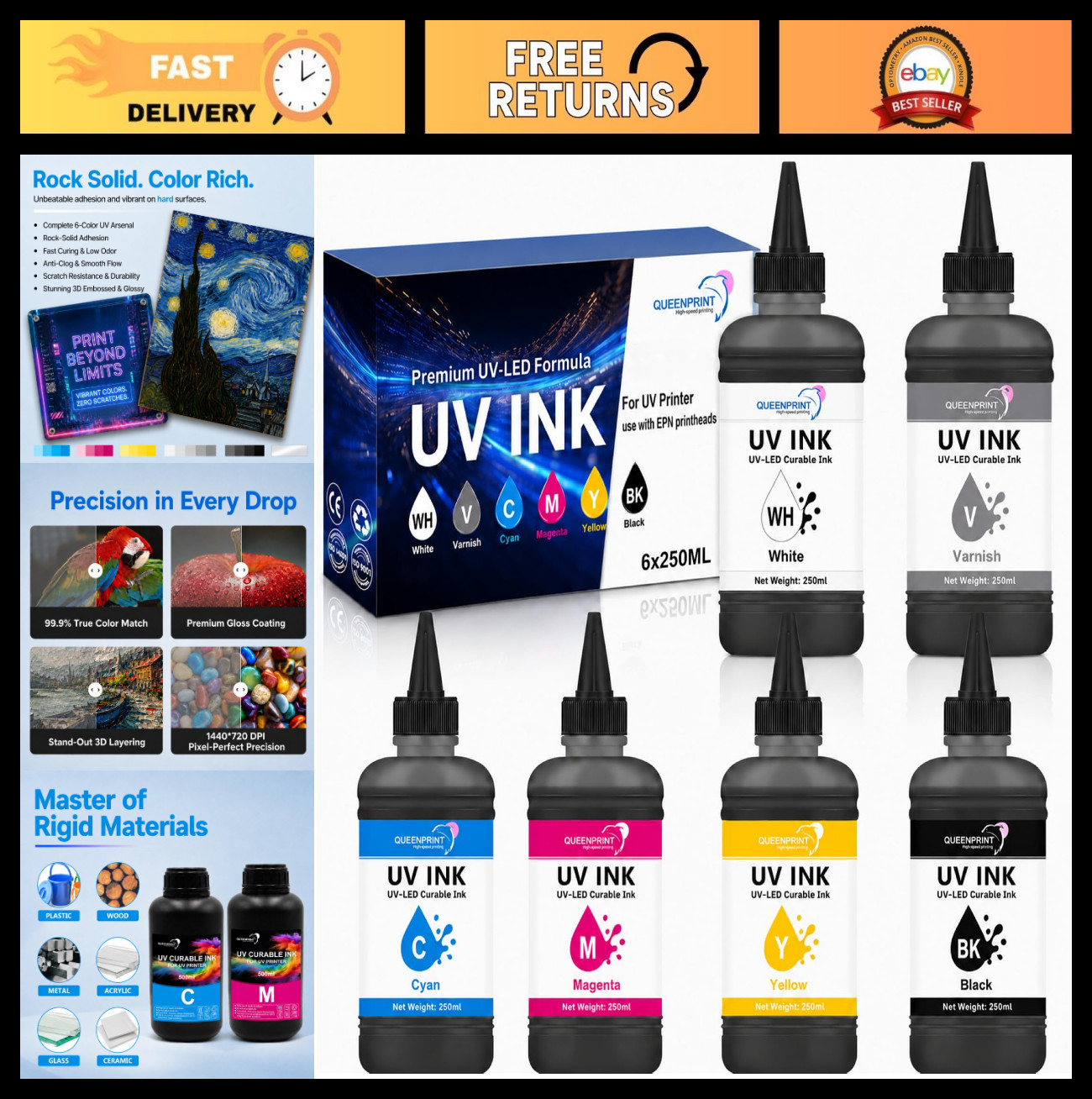 250ML UV Ink 6-Pack for Hard Surfaces - Rigid Type, Compatible with XP600, TX800