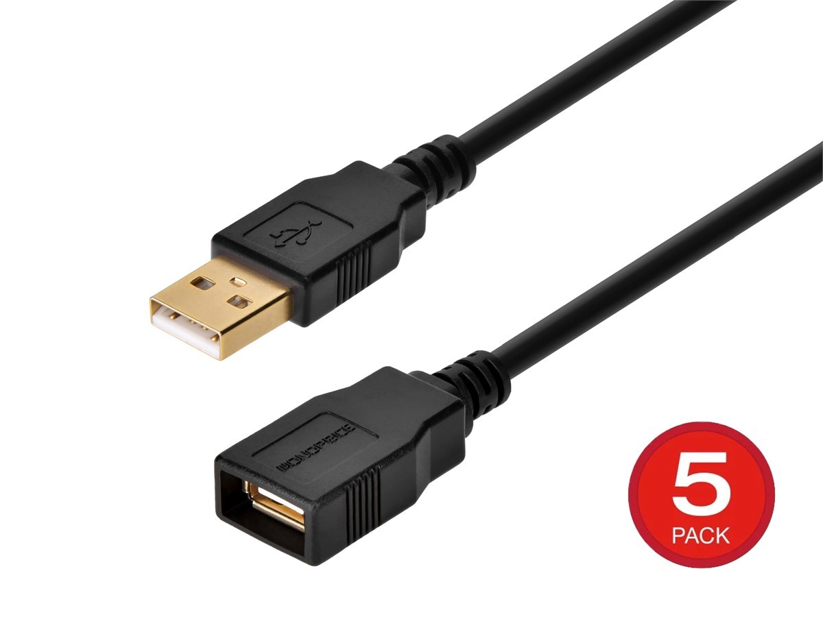 Monoprice USB Type-A to USB Type-A Female 2.0 Extension Cable - 3ft Black 5-Pack