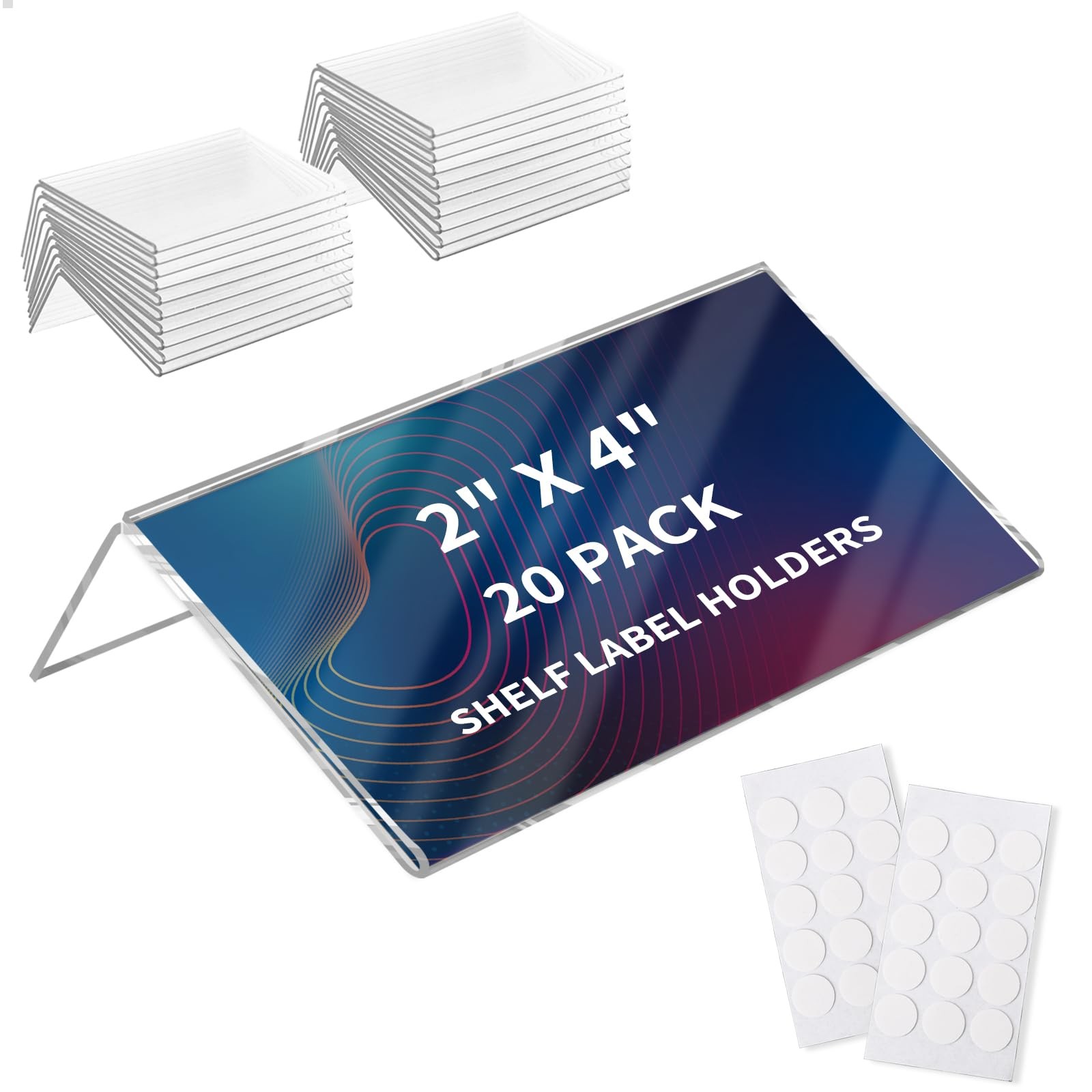20 Pack Acrylic Rigid Shelf Label Holders, Lying Down or Sticking