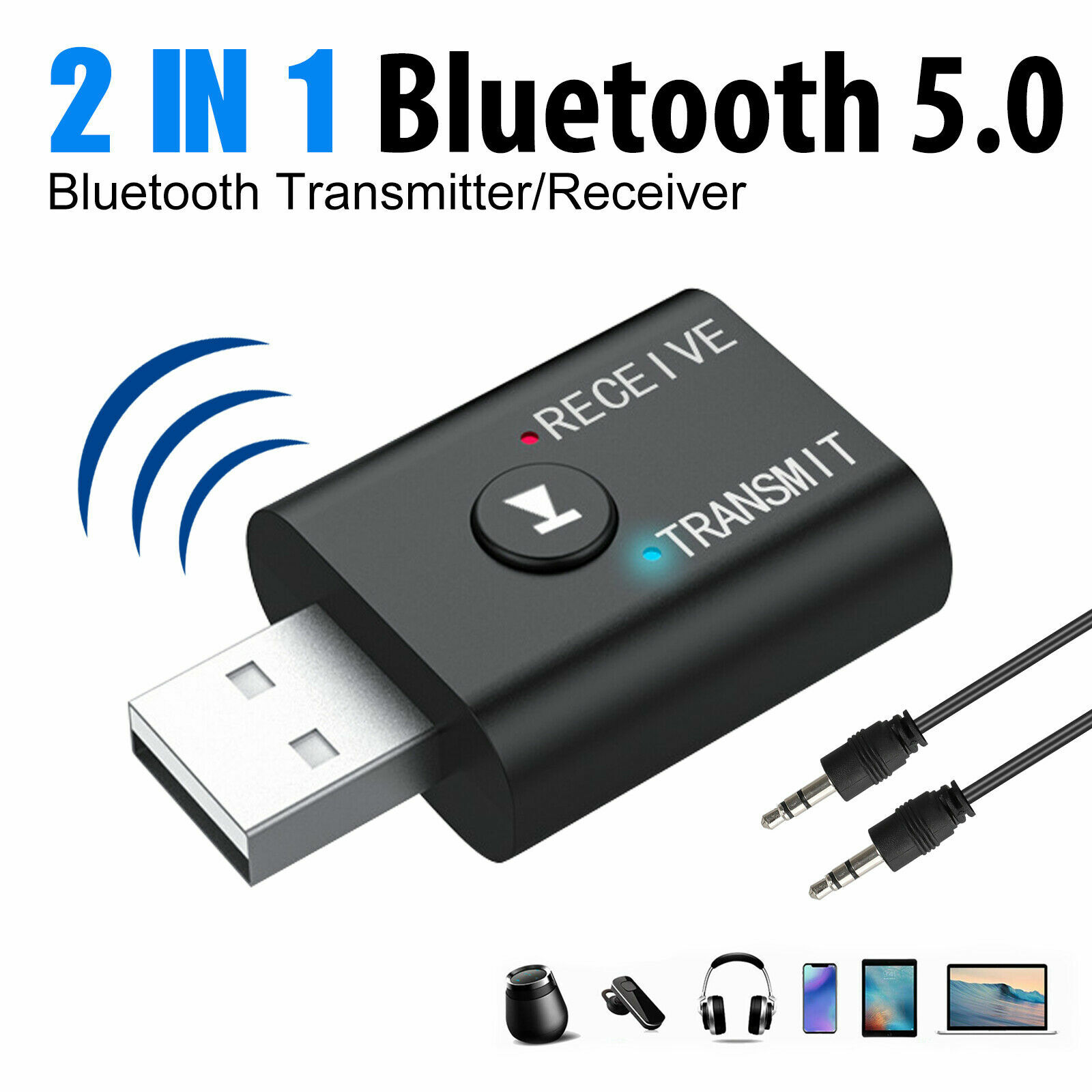 2in1 Bluetooth Transmitter Receiver USB Wireless Stereo Audio Adapter Dongle PC