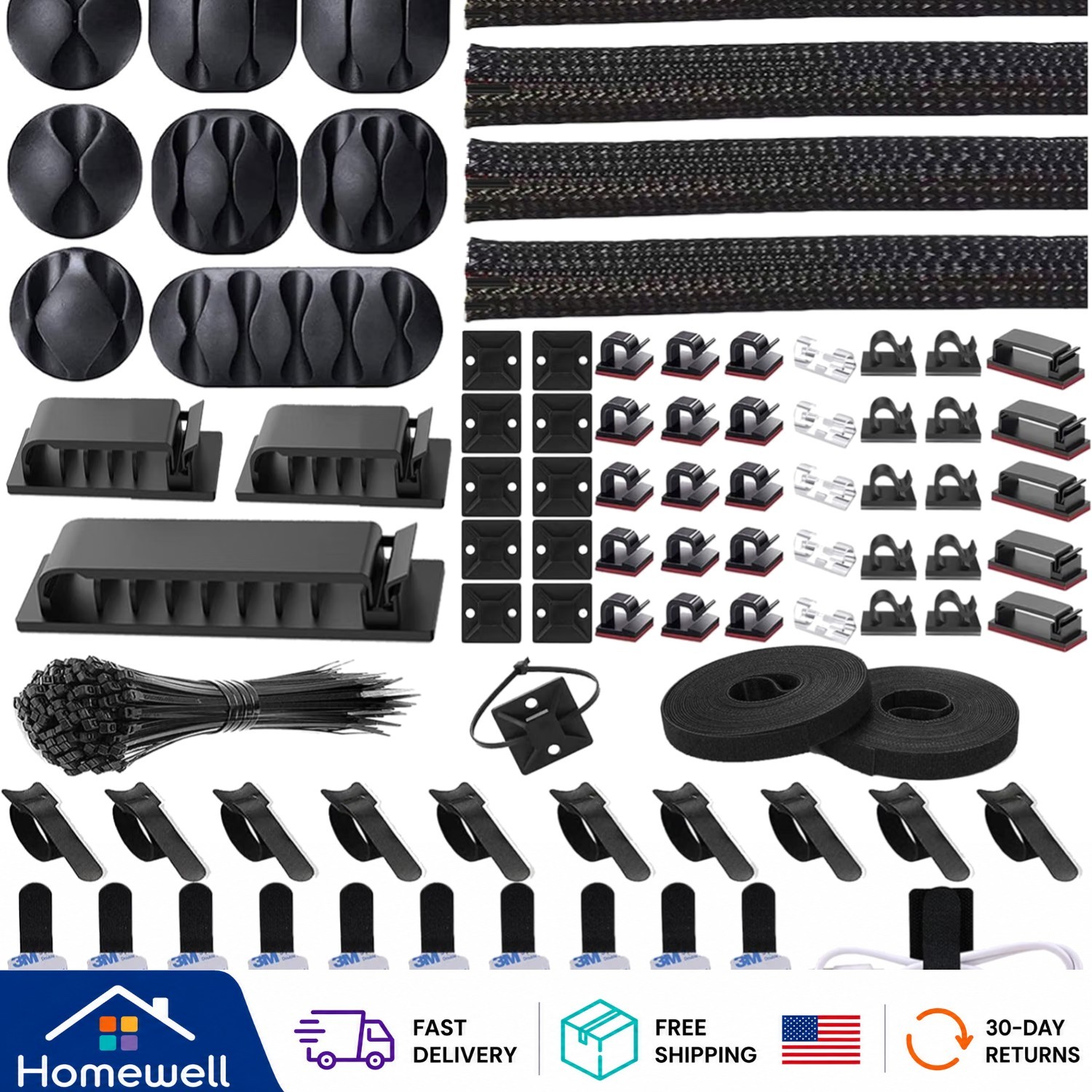 192-Piece Cable Management Kit: Elegant Wire Organizer with Self-Adhesive Straps