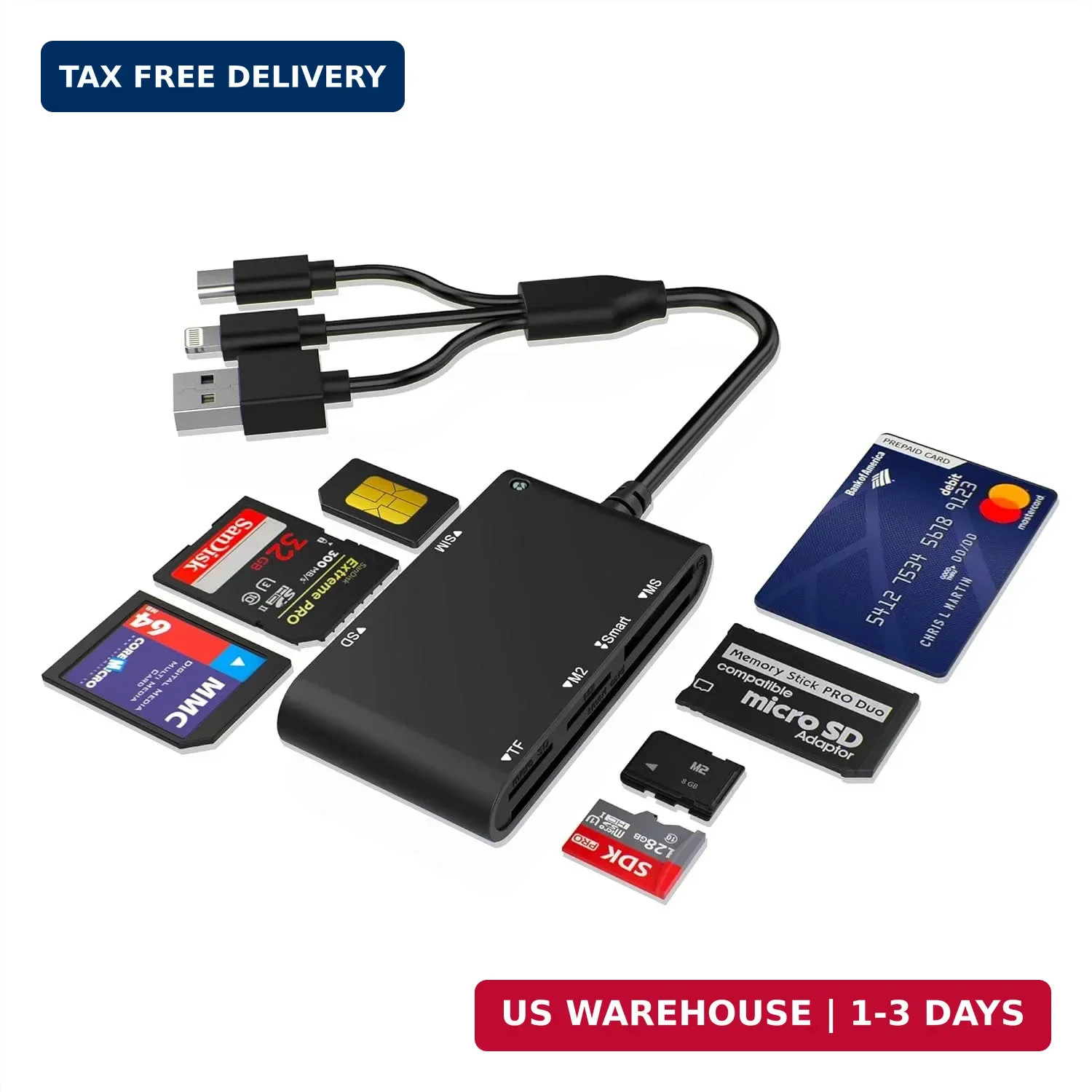 7-in-1 Smart Card Reader with 3-Port Connectivity - Lightning/USB-C/USB-A Milita