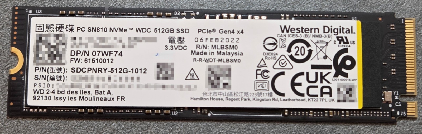 WD PC SN810 512GB NVMe M.2 SSD PCIe Gen4 SDCPNRY-512G-1012 Tested Good 98%