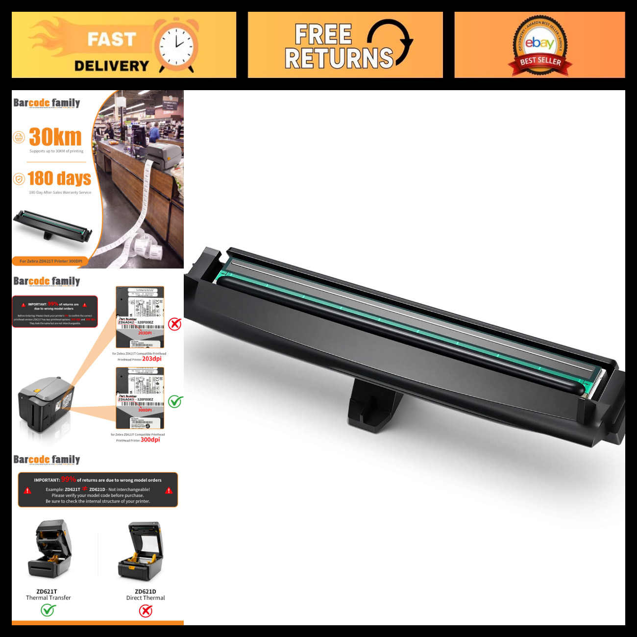 4" Thermal Printhead for ZD621T Barcode Printers - 300 DPI High-Quality Replacem