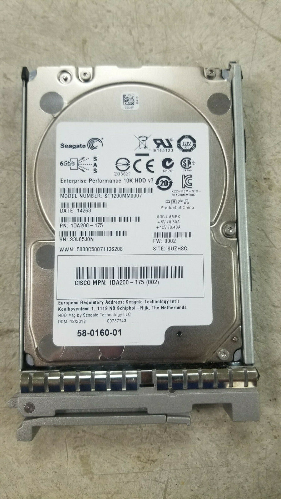 Genuine Cisco Seagate 1.2TB 10K 6Gbps SAS 2.5'' Hard Drive 58-0160-01 with Tray