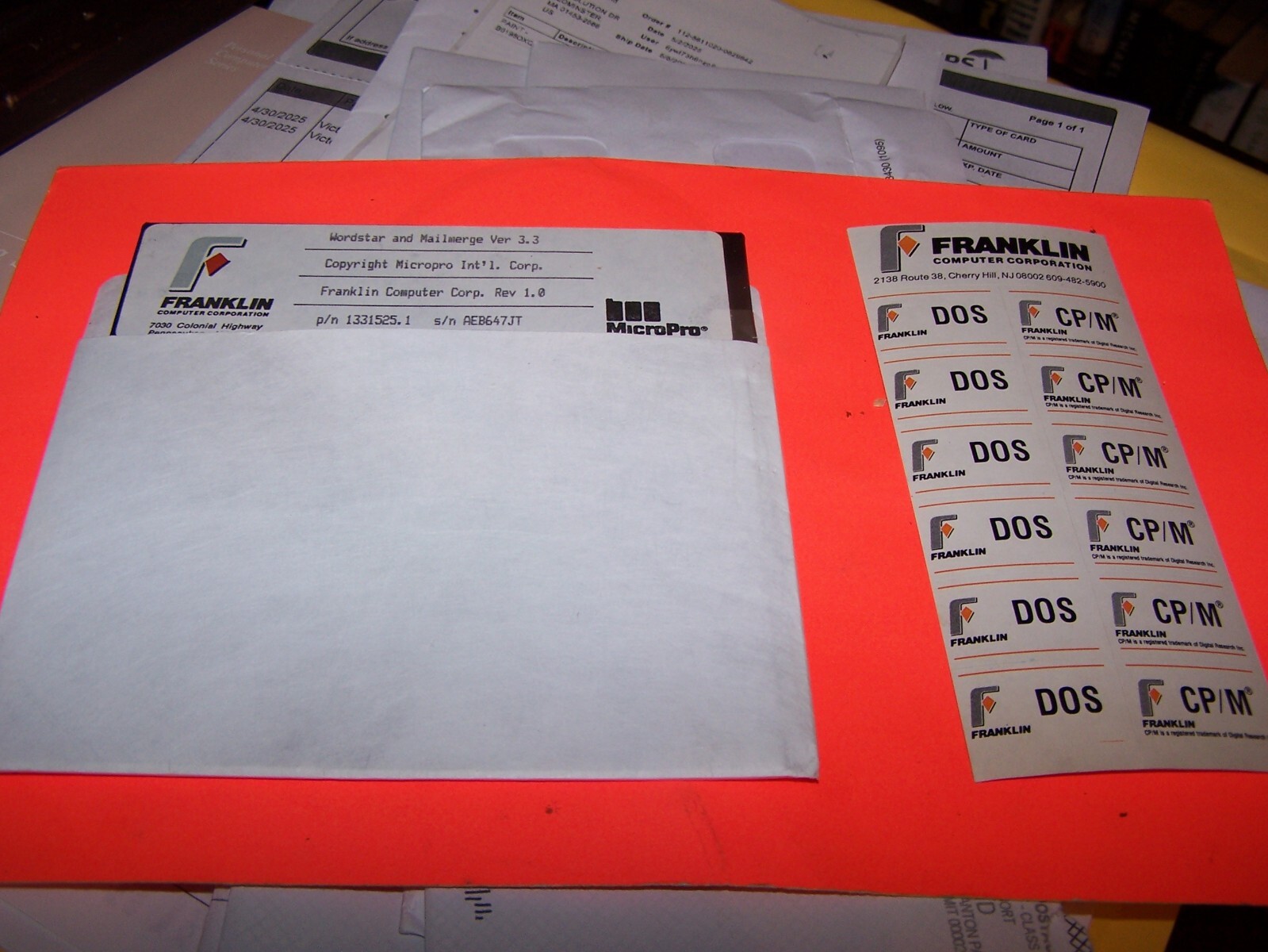 Franklin Computer MicroPro Wordstar and Mailmerge V 3.3 Disk and ID Labels