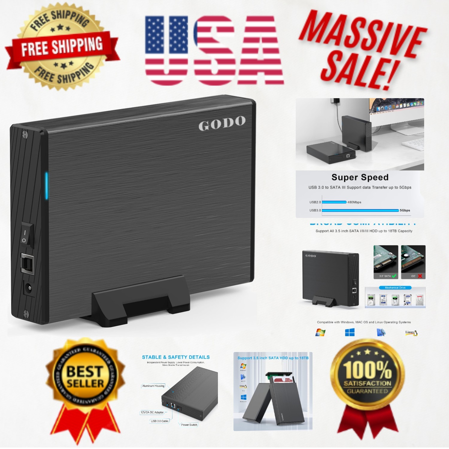 High-Capacity 18TB USB 3.0 External Hard Drive Enclosure with Safety Features