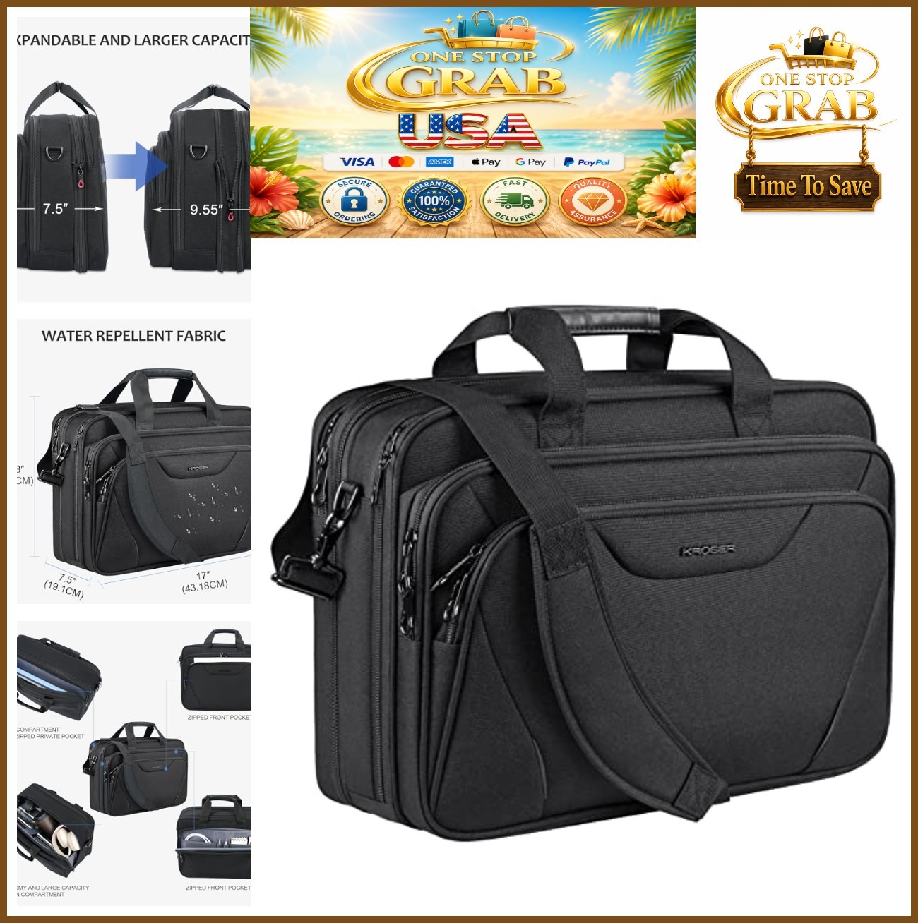 17.3 Inch Laptop Bag Briefcase Expandable Canvas Poly Black Padded Shoulder