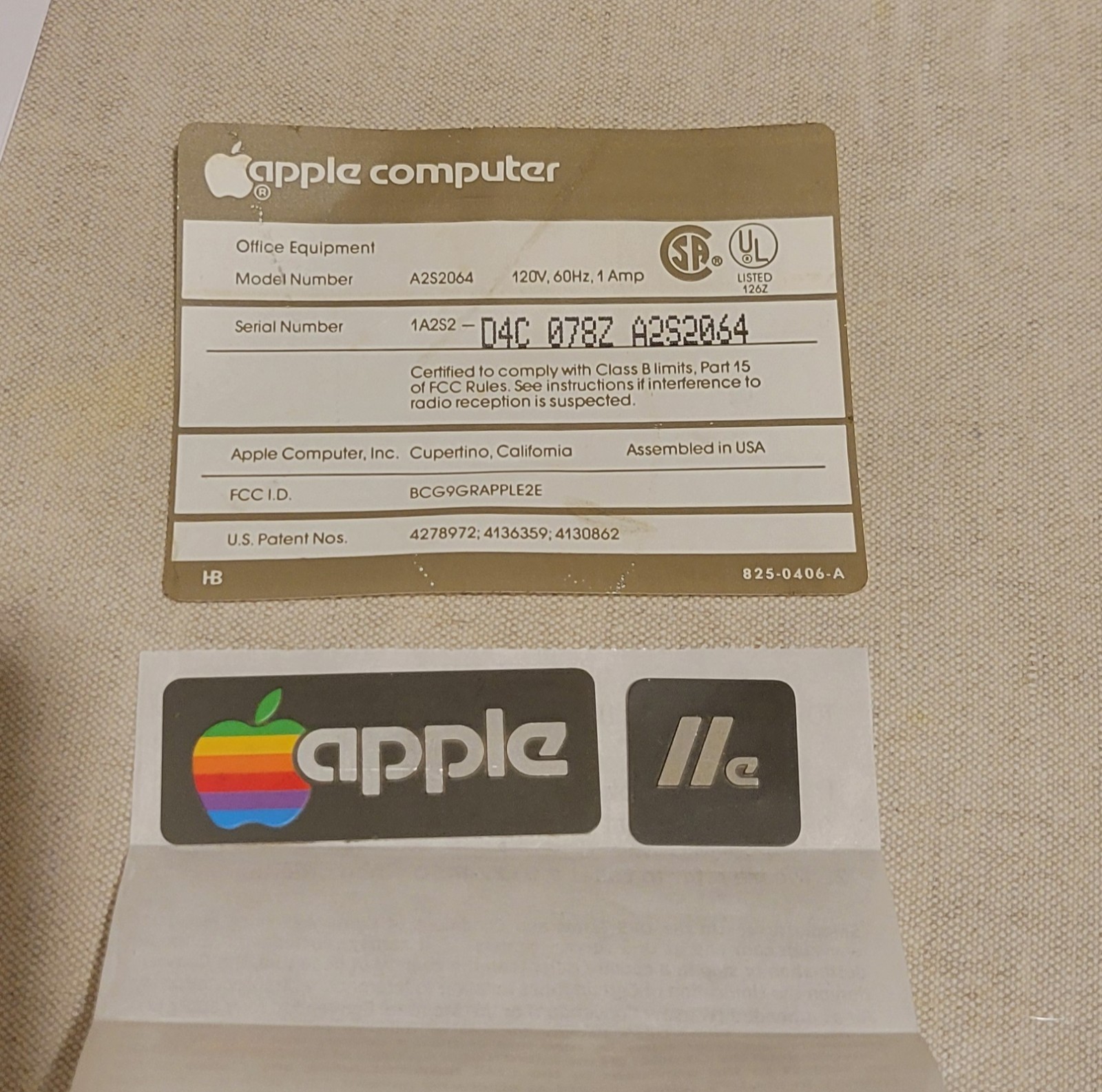Authentic Vintage OEM Apple IIe Case Badges & Matching Serial Label Set