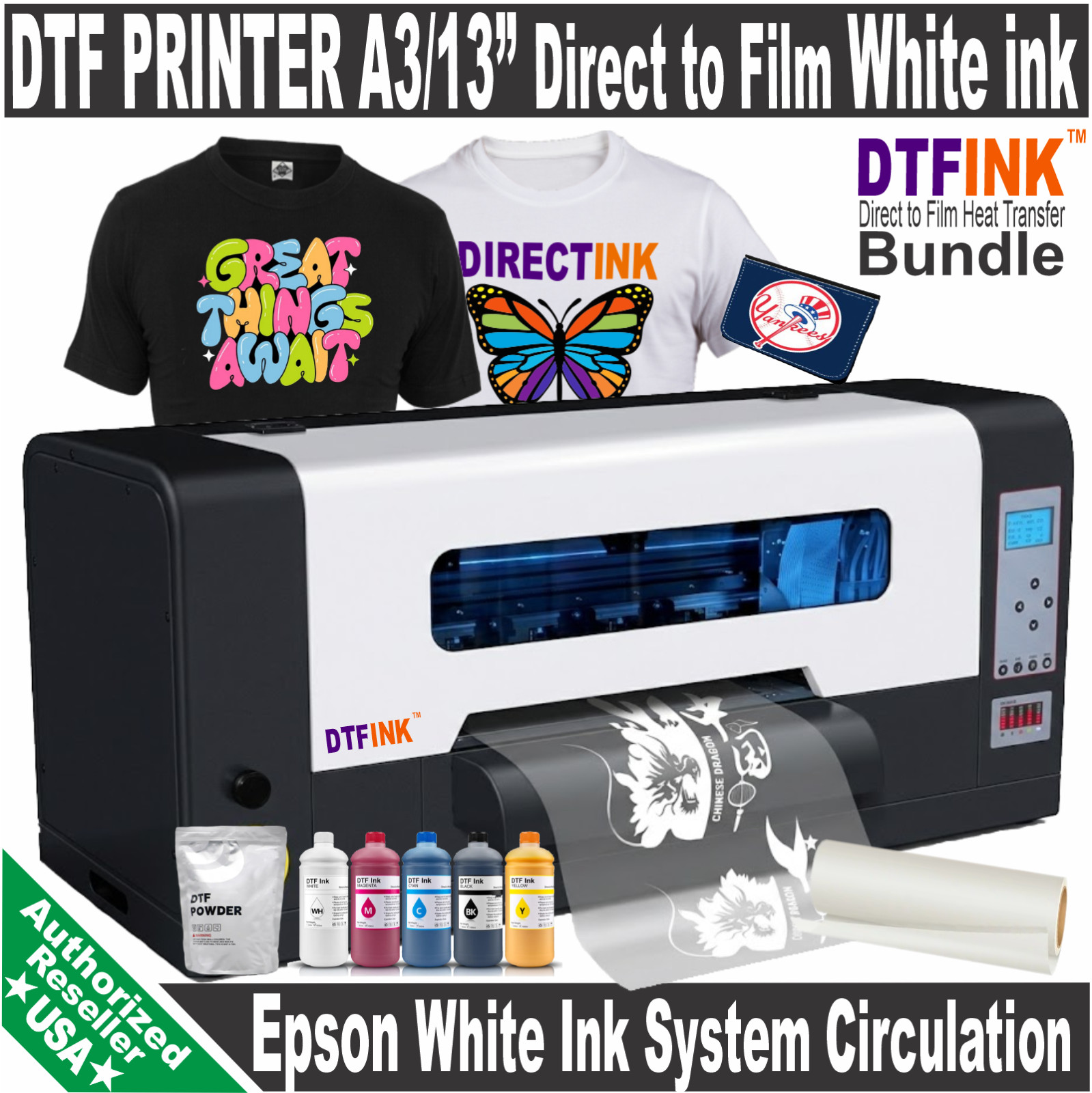 DTF Ink Printer A3 T-Shirt Printing Machine Direct to Film Heat Transfer Bundle