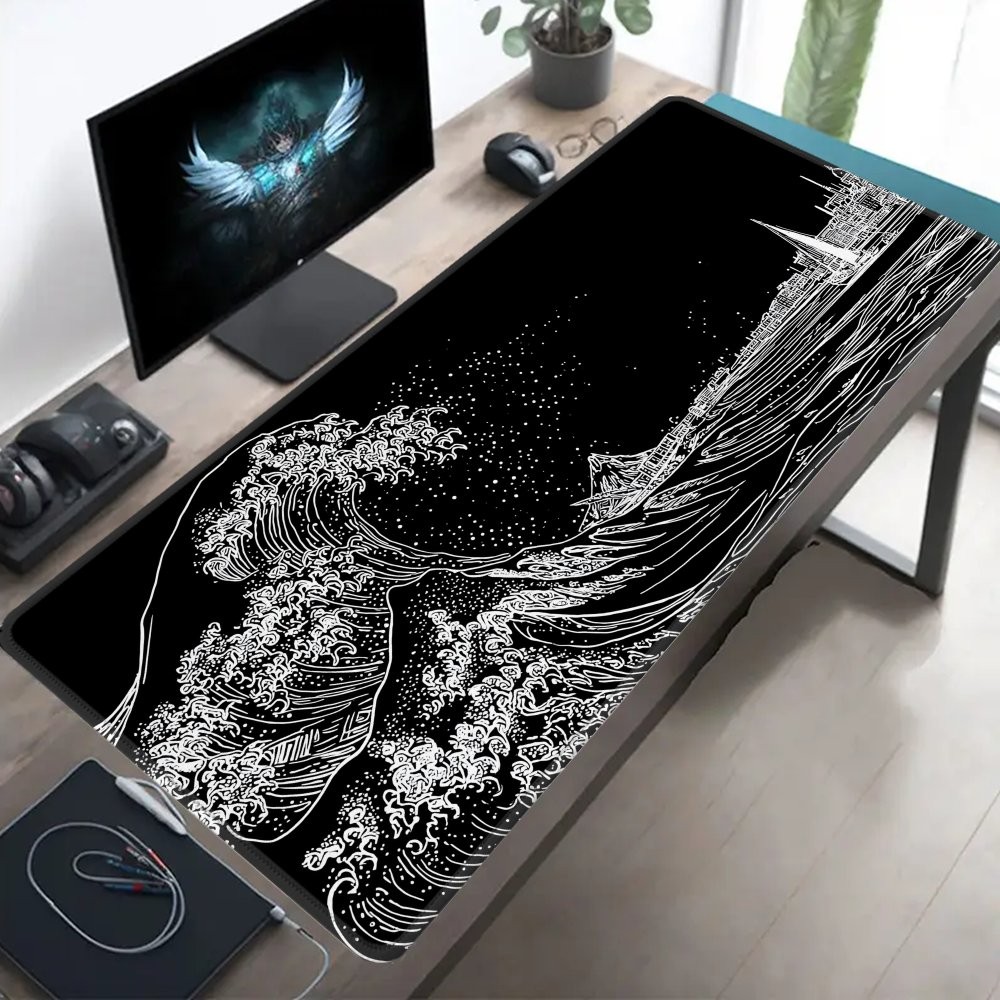 1pc Large XXL Ukiyo-e Wave Desk Mat & Mouse Pad - Compatible for PC/Laptop, Ga