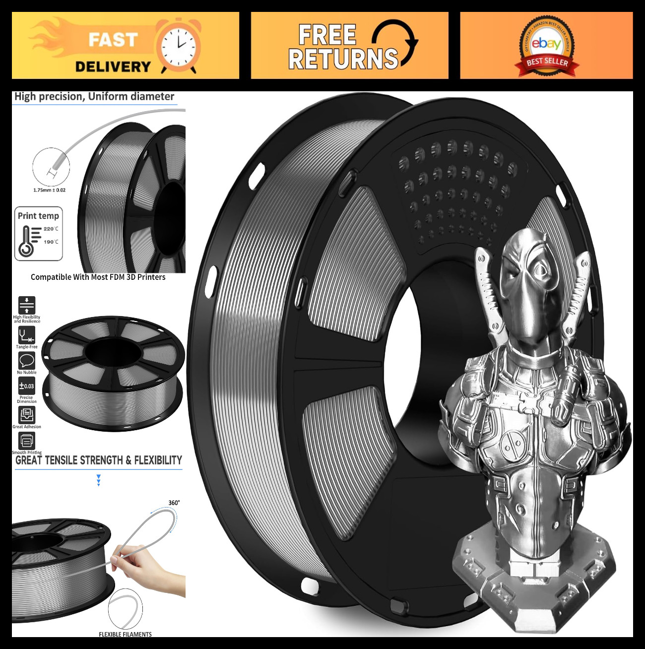 Silver PETG 3D Printer Filament 1kg 1.75mm, High Dimensional Accuracy, Vacuum Se
