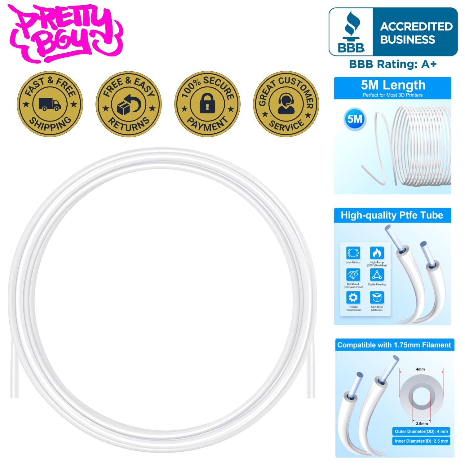 Universal Fit 5m PTFE Tube - Low-Friction 16.4ft for 1.75mm Filament 3D Printers