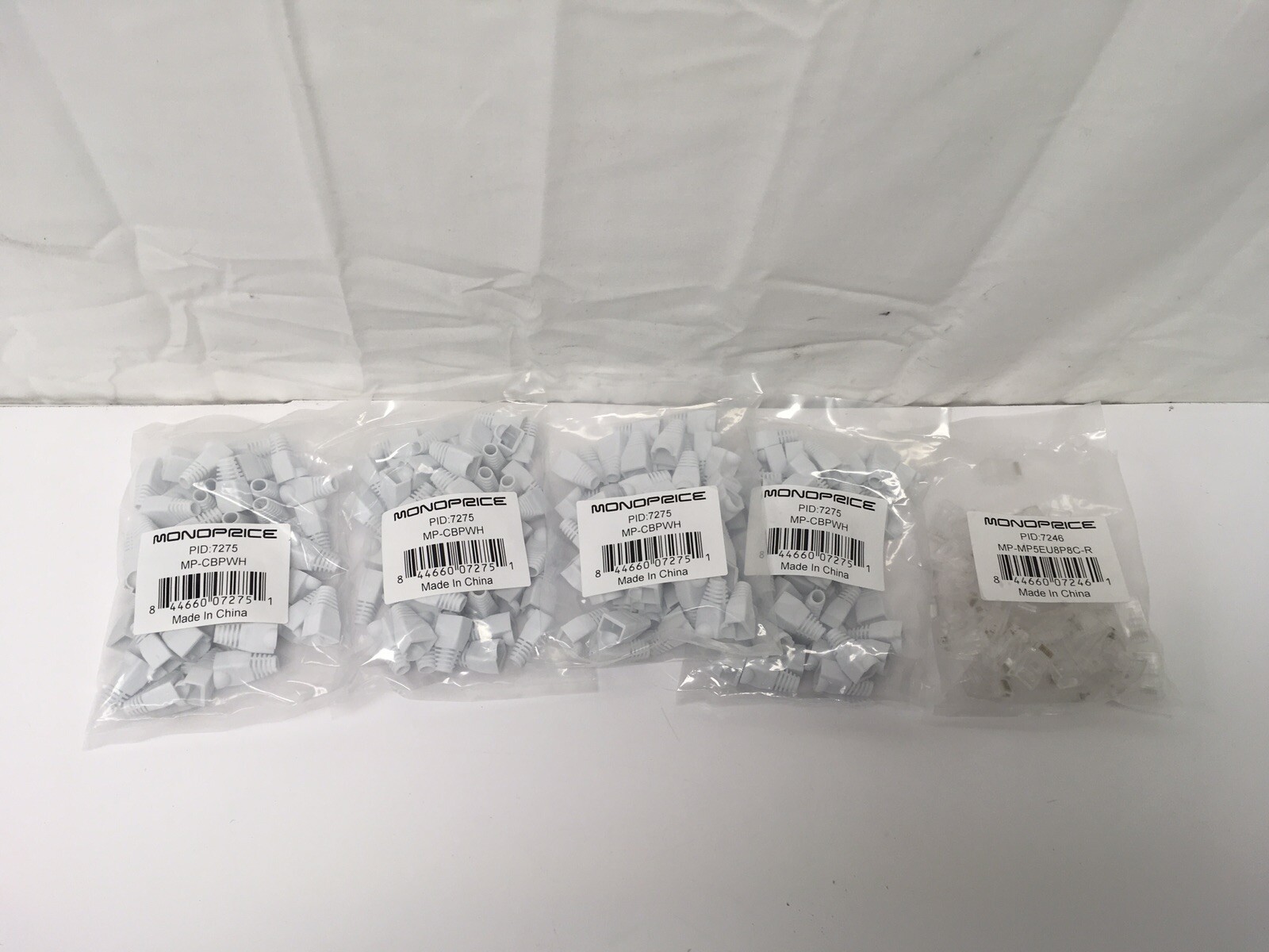 200 NEW Monoprice 7275 RJ45 White Strain Relief Boots + 50 Modular Plugs 7246
