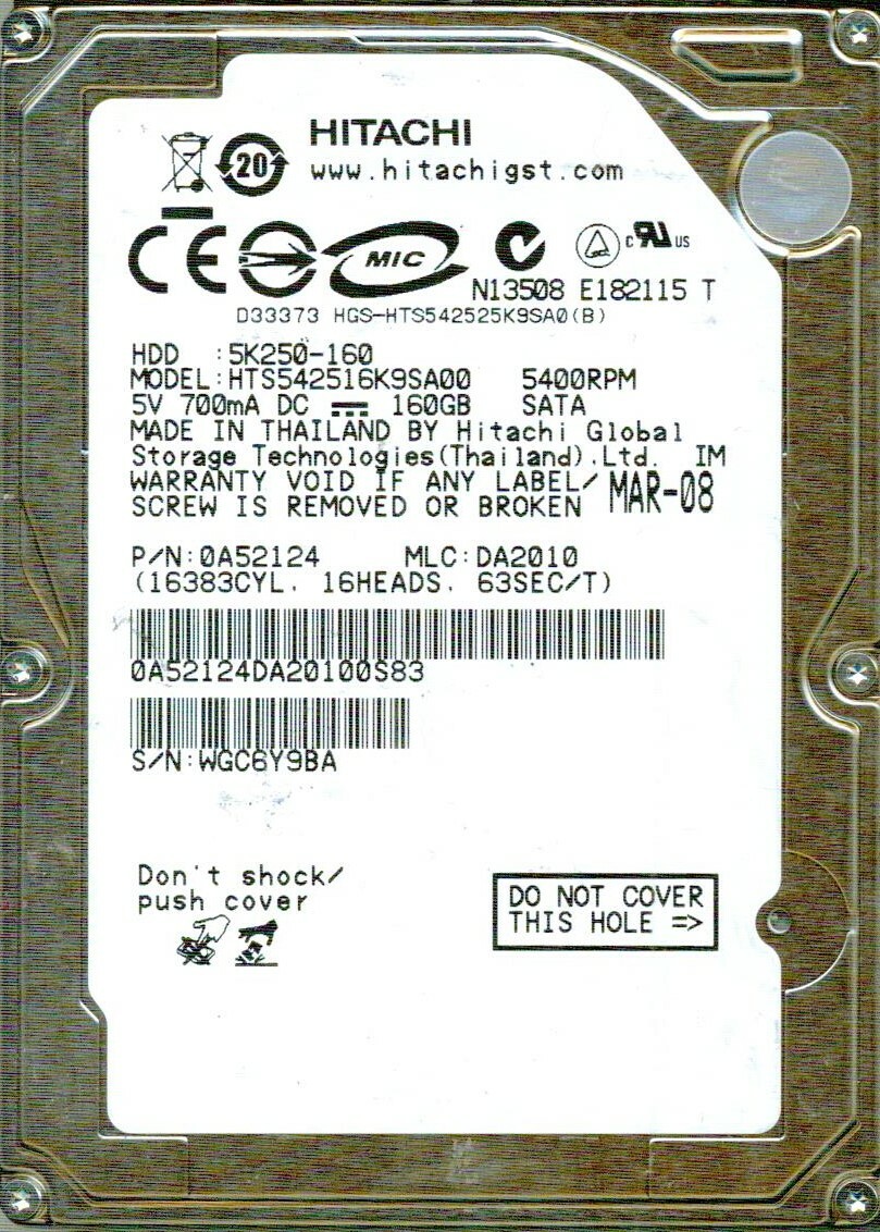 HTS542516K9SA00 PN 0A52124  MLC DA2010  HITACHI SATA 160GB MAR 2008