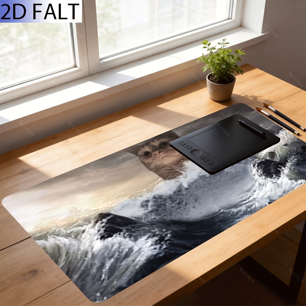 2D Flat, 1pc Extra Large, Non-Slip, Desk Mat, Mouse Pad, Cat Floating in Turbu