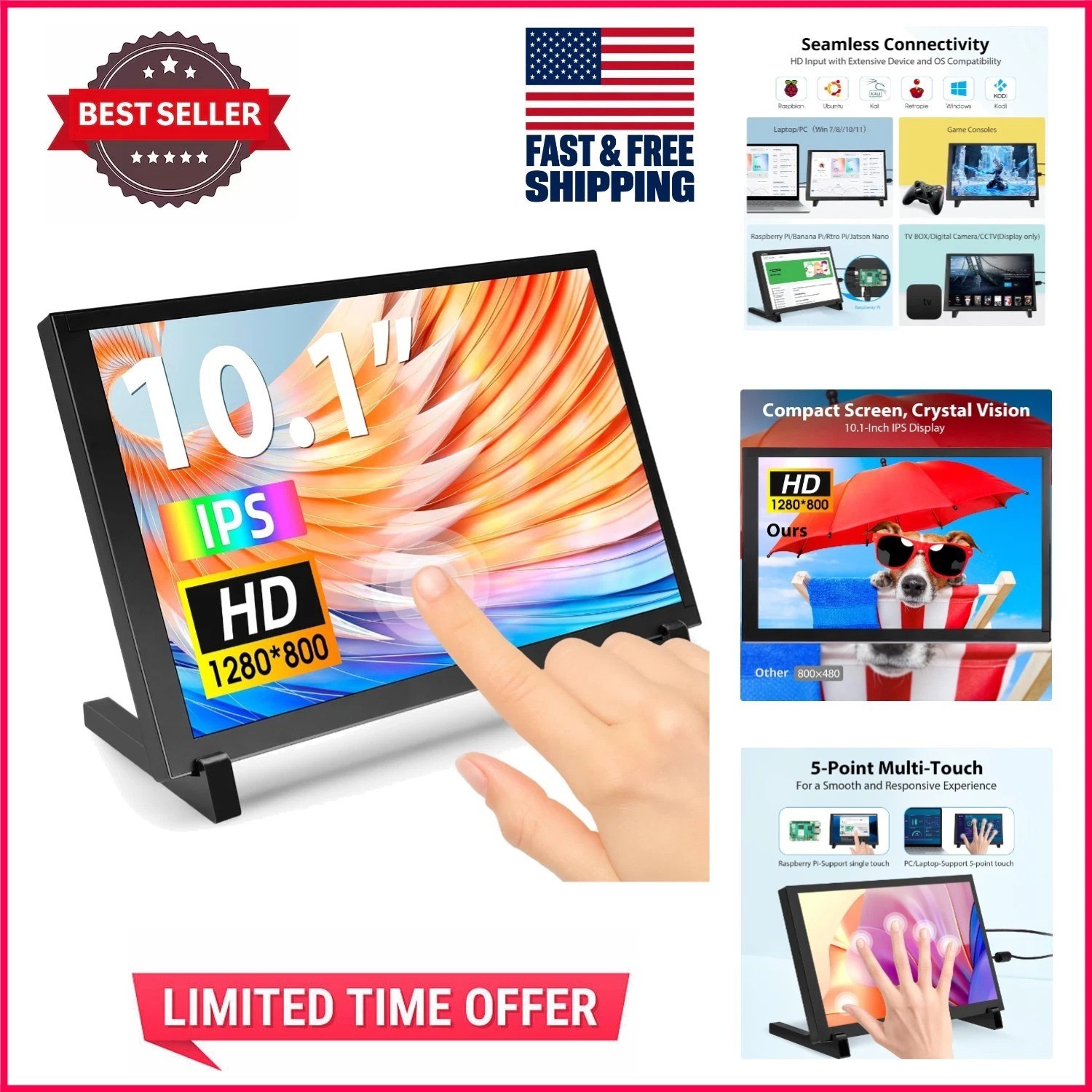 High-Resolution 10.1 Inch Touch Monitor - 1280x800, Lightweight & Easy to Mount