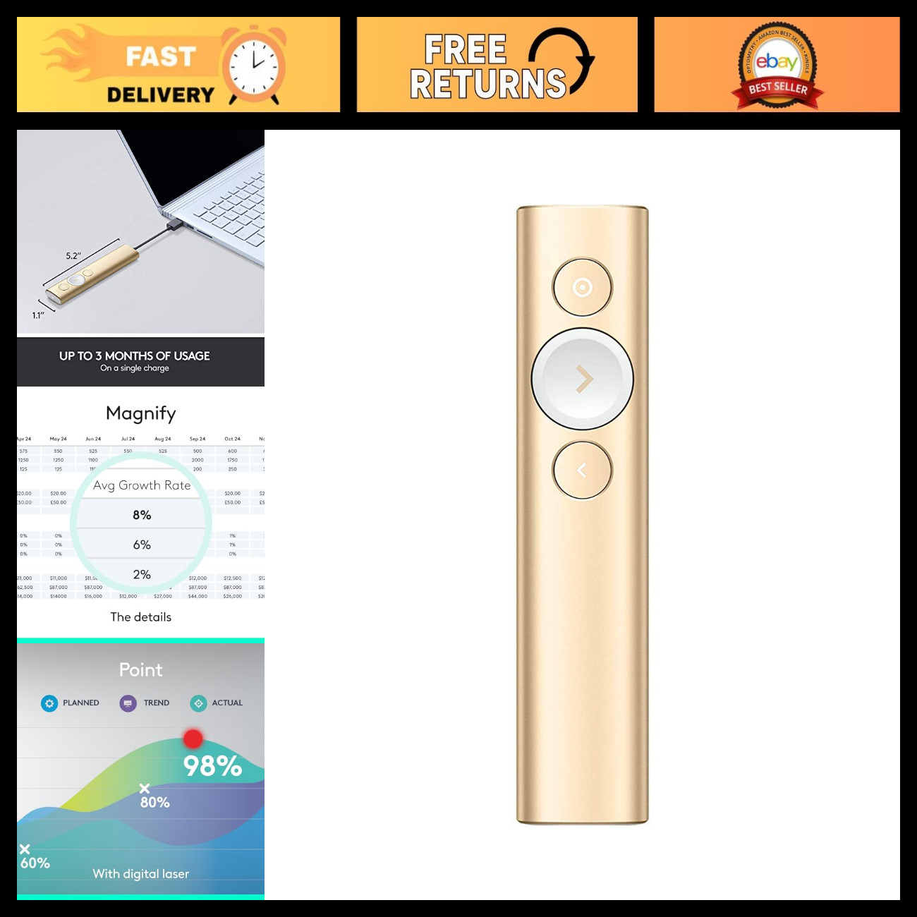 Wireless Presentation Remote - Universal Spotlight Clicker, Gold, Easy Control,