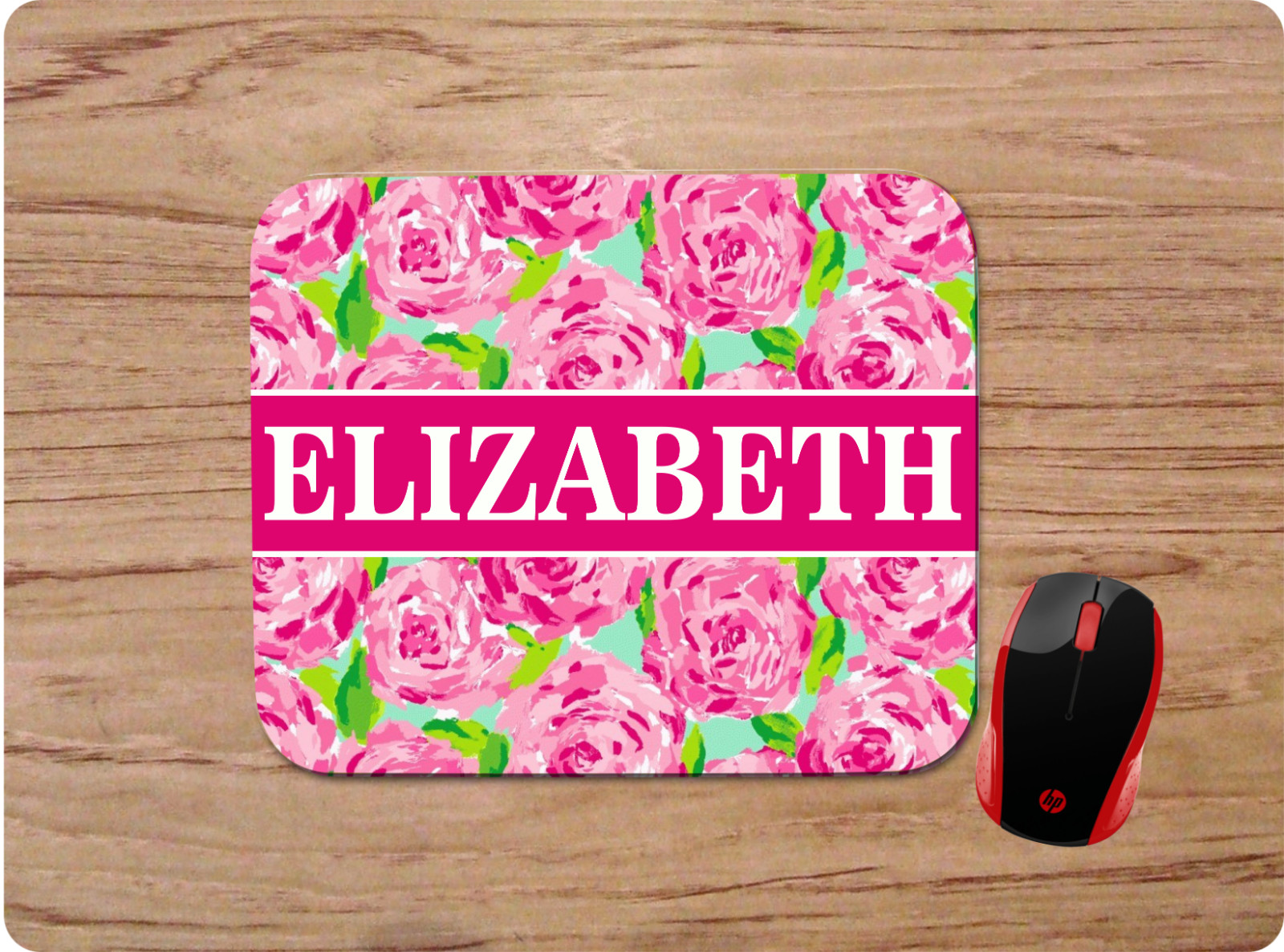 FLORAL PINK ROSES PATTERN PERSONALIZED NAME CUSTOM MOUSE PAD DESK MAT GIFT