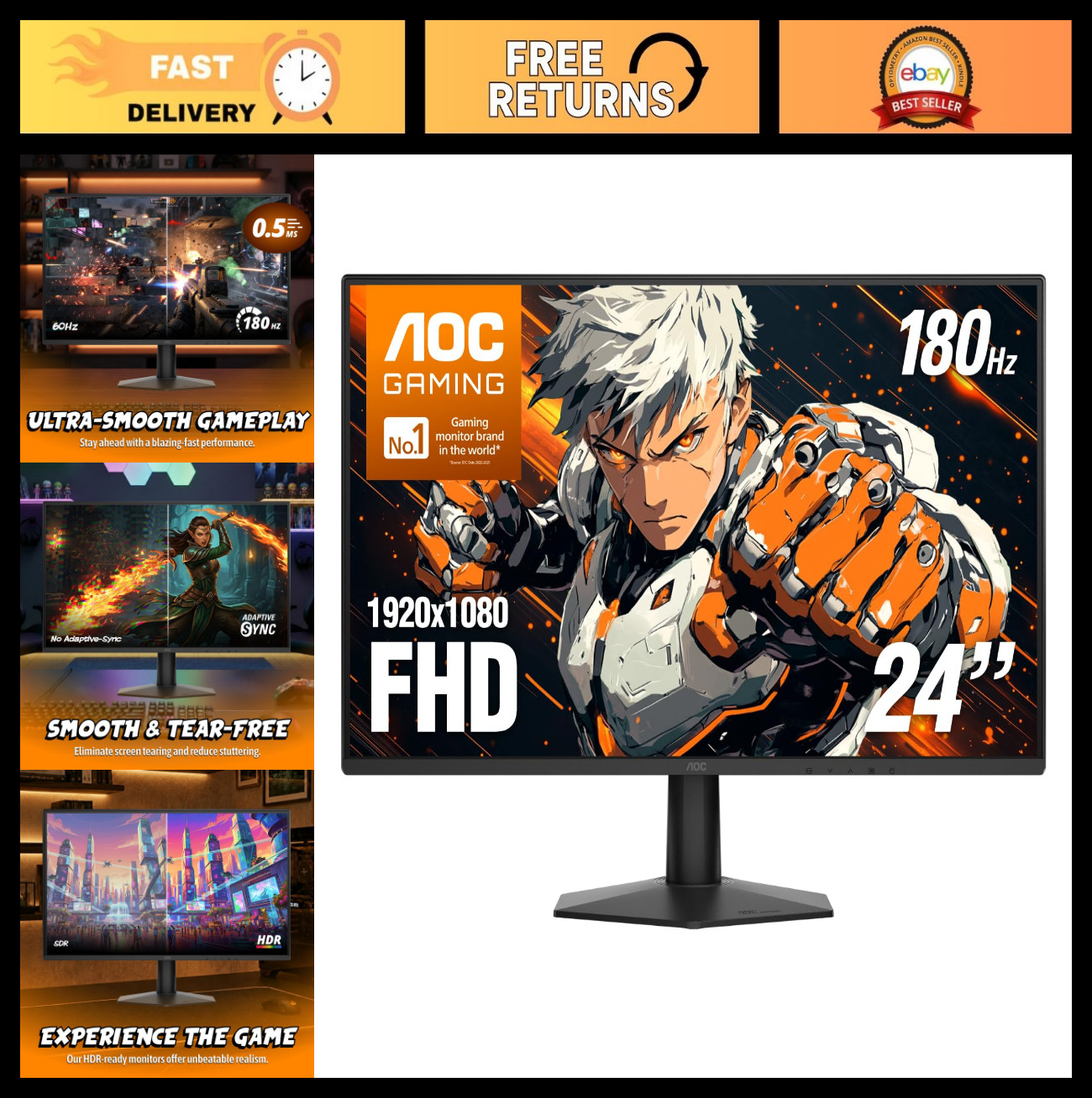 24" FHD Gaming Monitor - 180Hz Fast IPS, 0.5ms Response Time, HDR, Ultra-Slim De