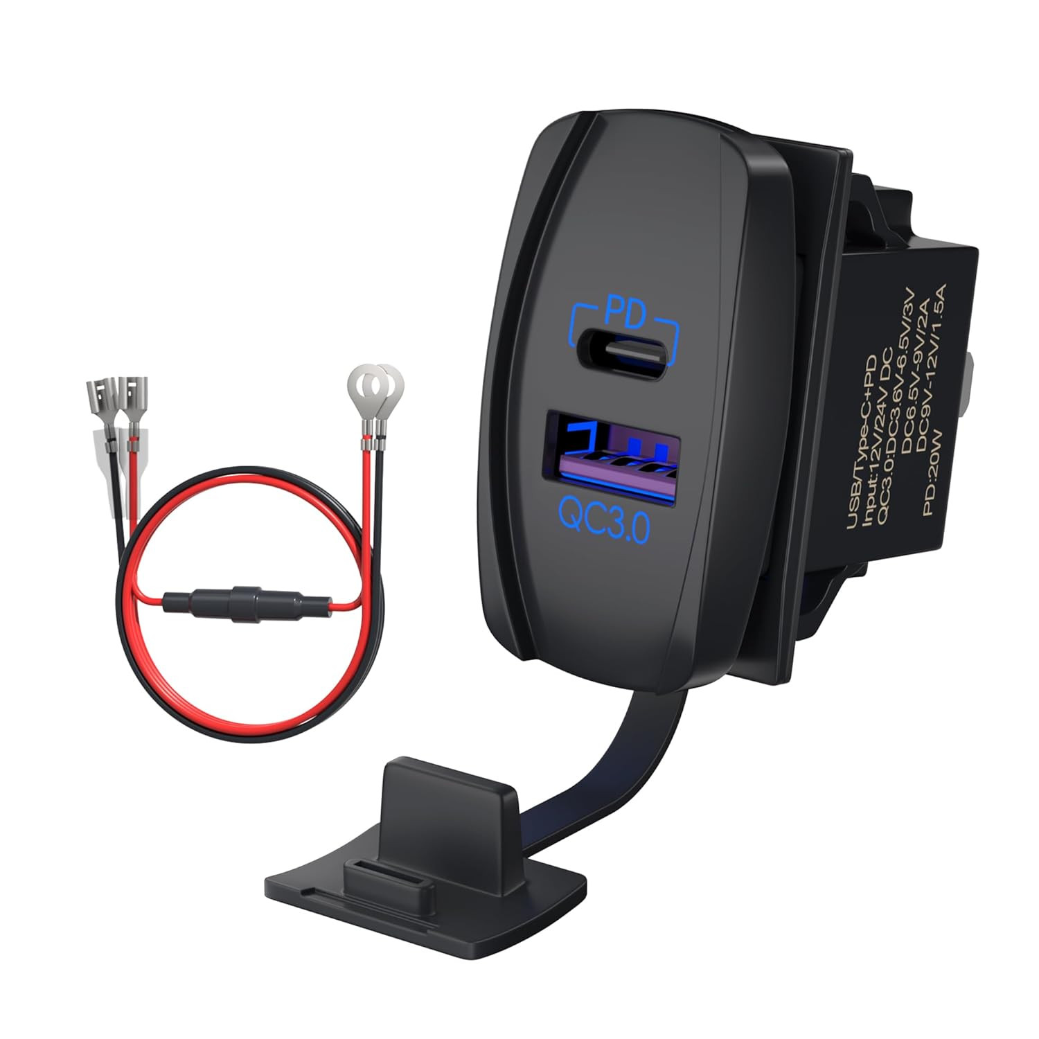 USB Rocker Switch 12V Waterproof USB C & QC 3.0 Dual Ports Outlet PD