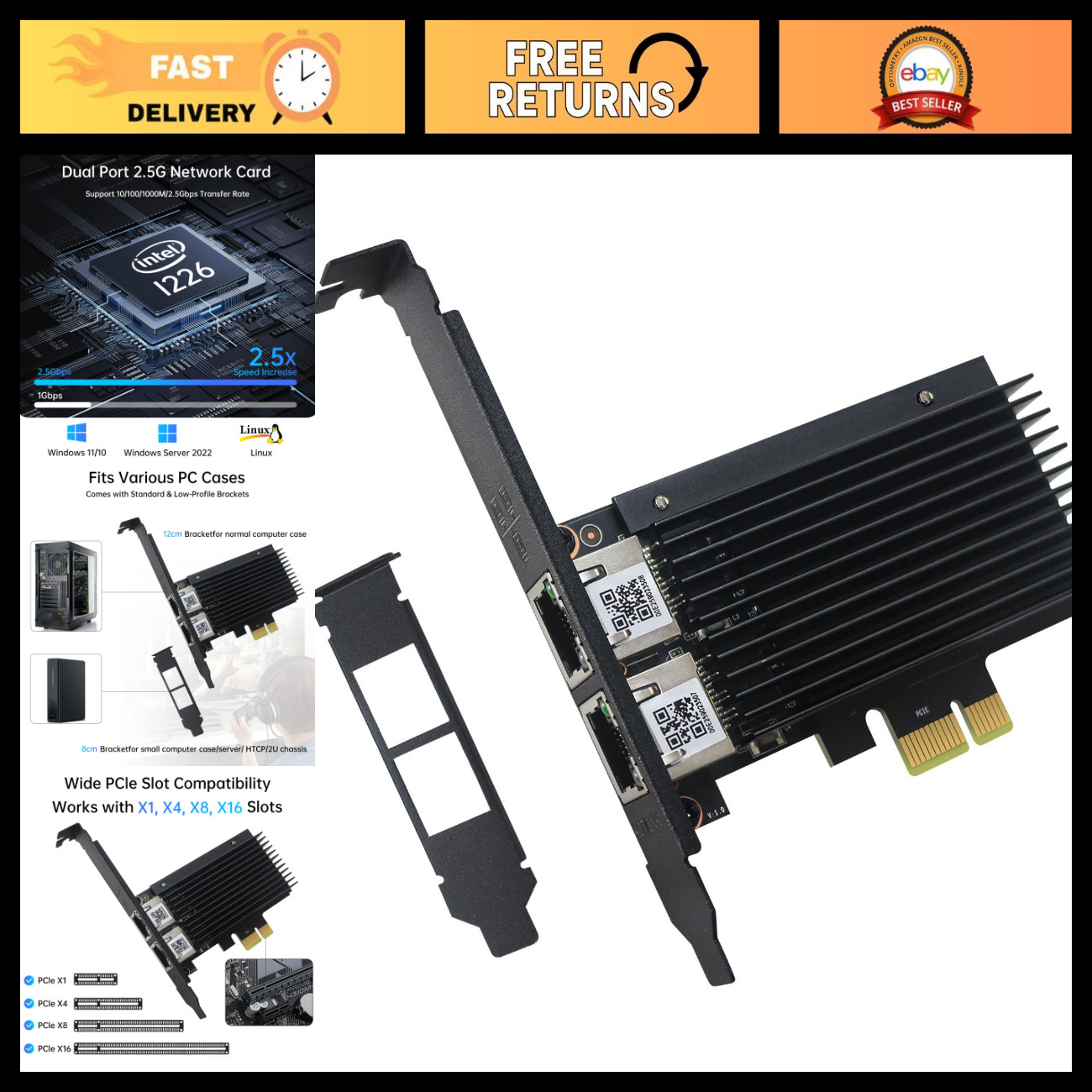 Dual Port 2.5G Network Card PCIe Adapter, Intel I226-V, RJ45 LAN, Windows 10/11