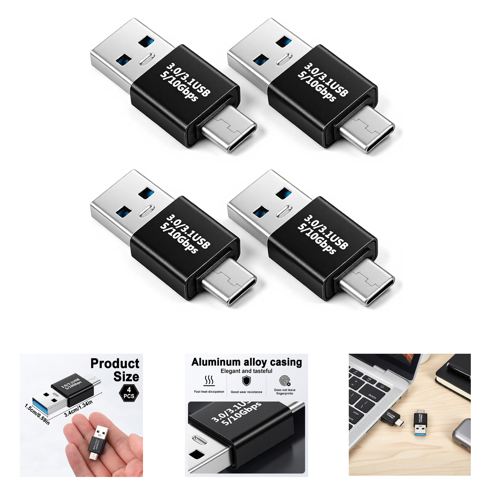 USB 3.1 Male to USB C Male Adapter Set 4 Pack Fast Data Transfer 10Gbps