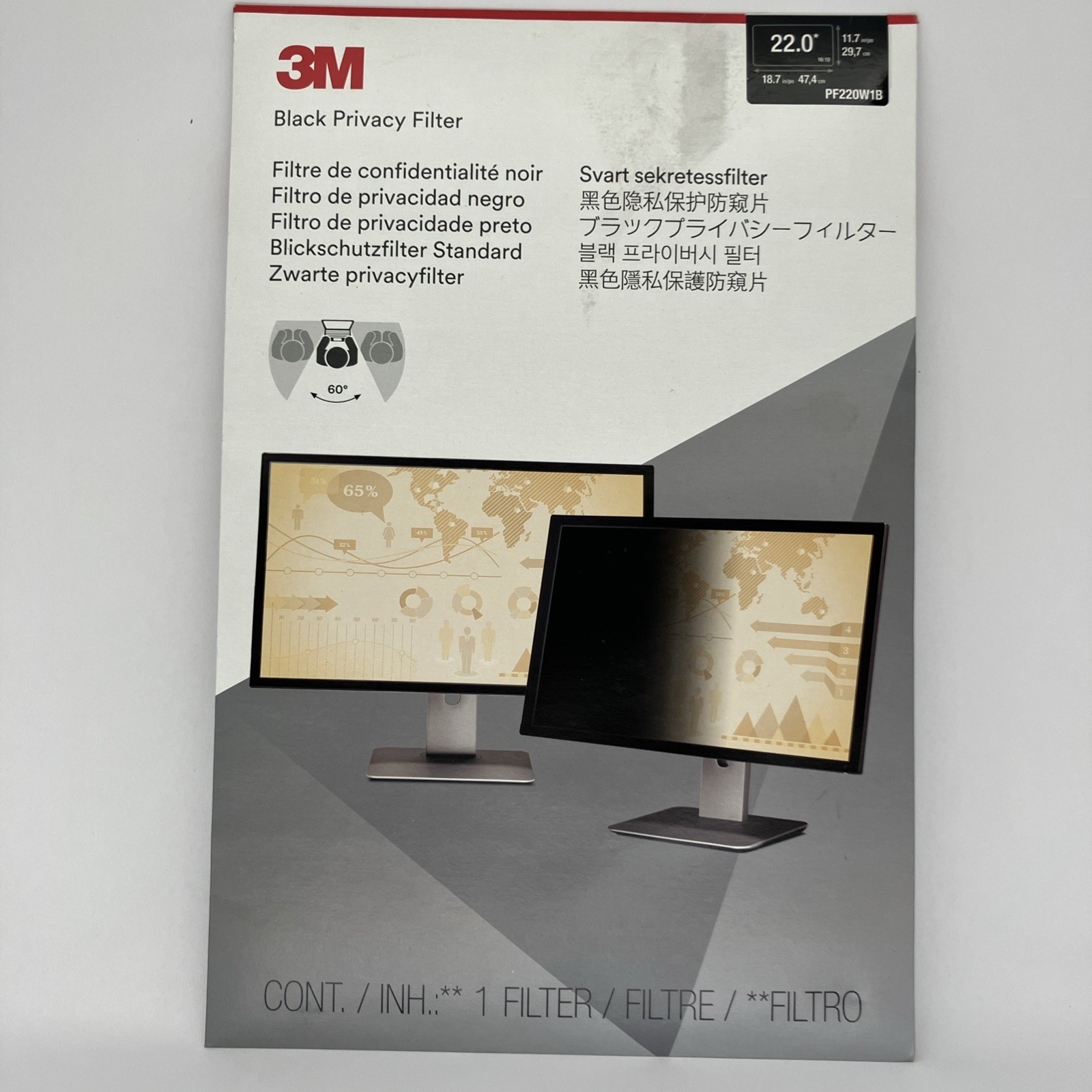 3M Black Privacy Filter for 22" Widescreen Monitor 16:10 18.7" x 11.7" PF220W1B