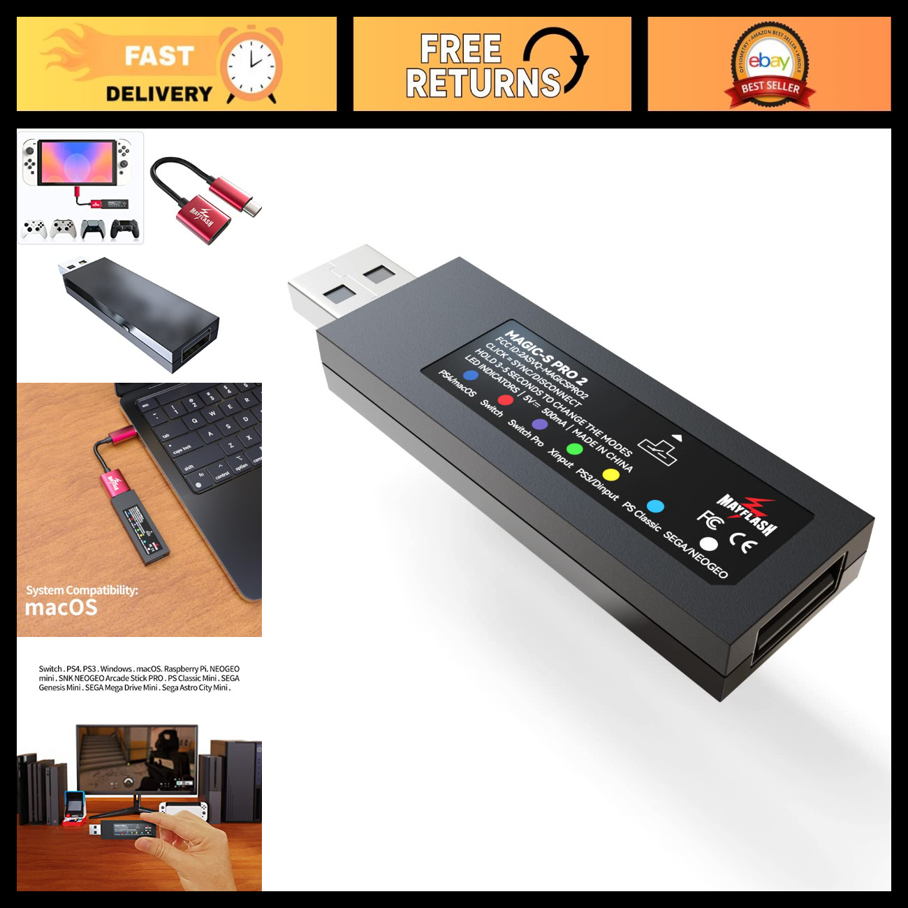 Wireless Bluetooth USB Adapter for PS4, Switch, Windows, macOS, Xbox Controllers