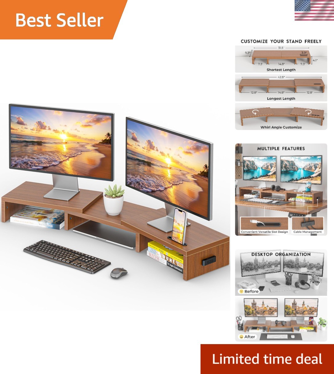Adjustable Dual Monitor Riser with Smartphone Holder - Elegant Walnut Finish