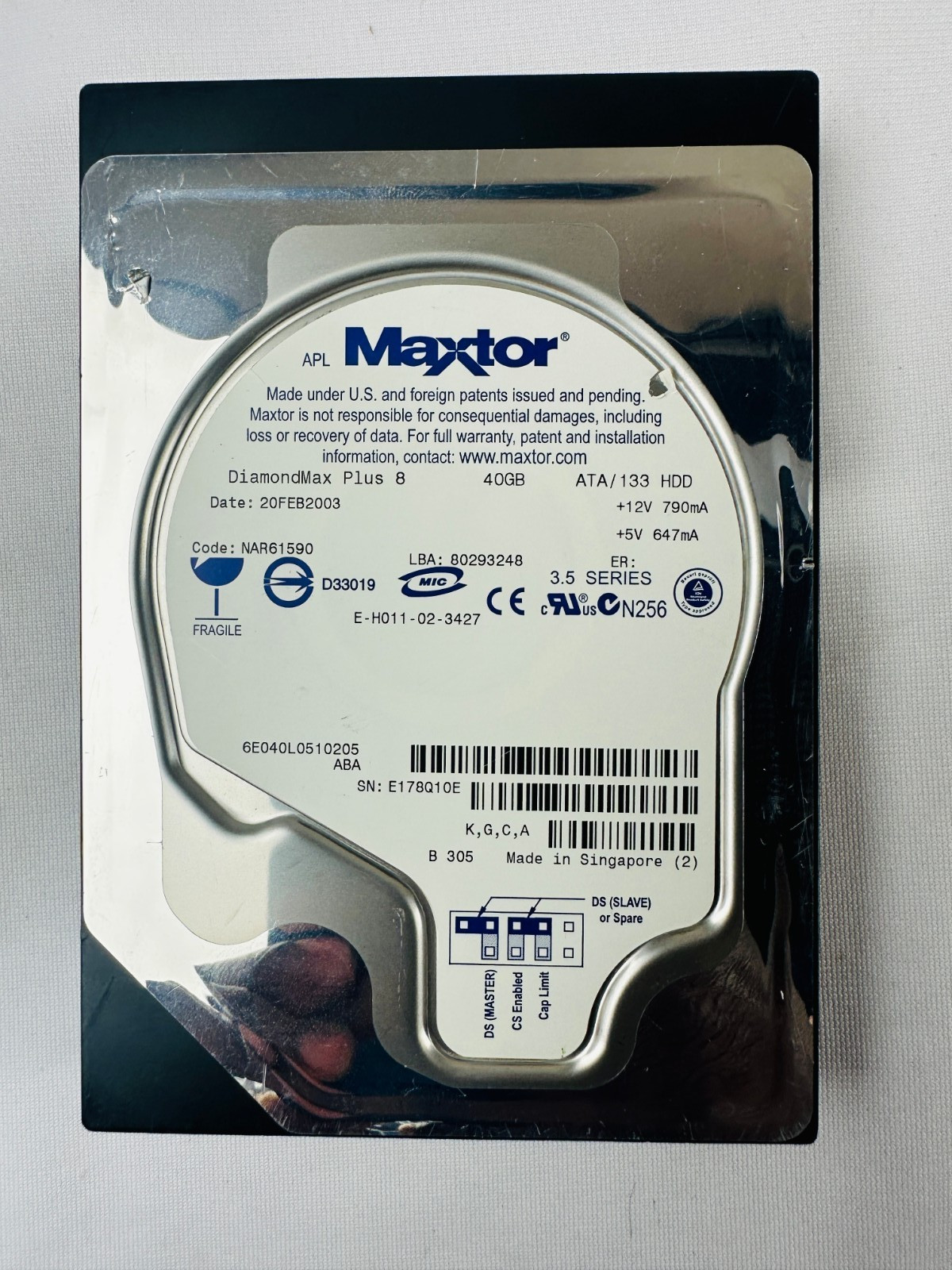 Maxtor NAR61590 Hard Disk Drive DiamondMax Plus 8 3.5" ATA/133 HDD 40GB
