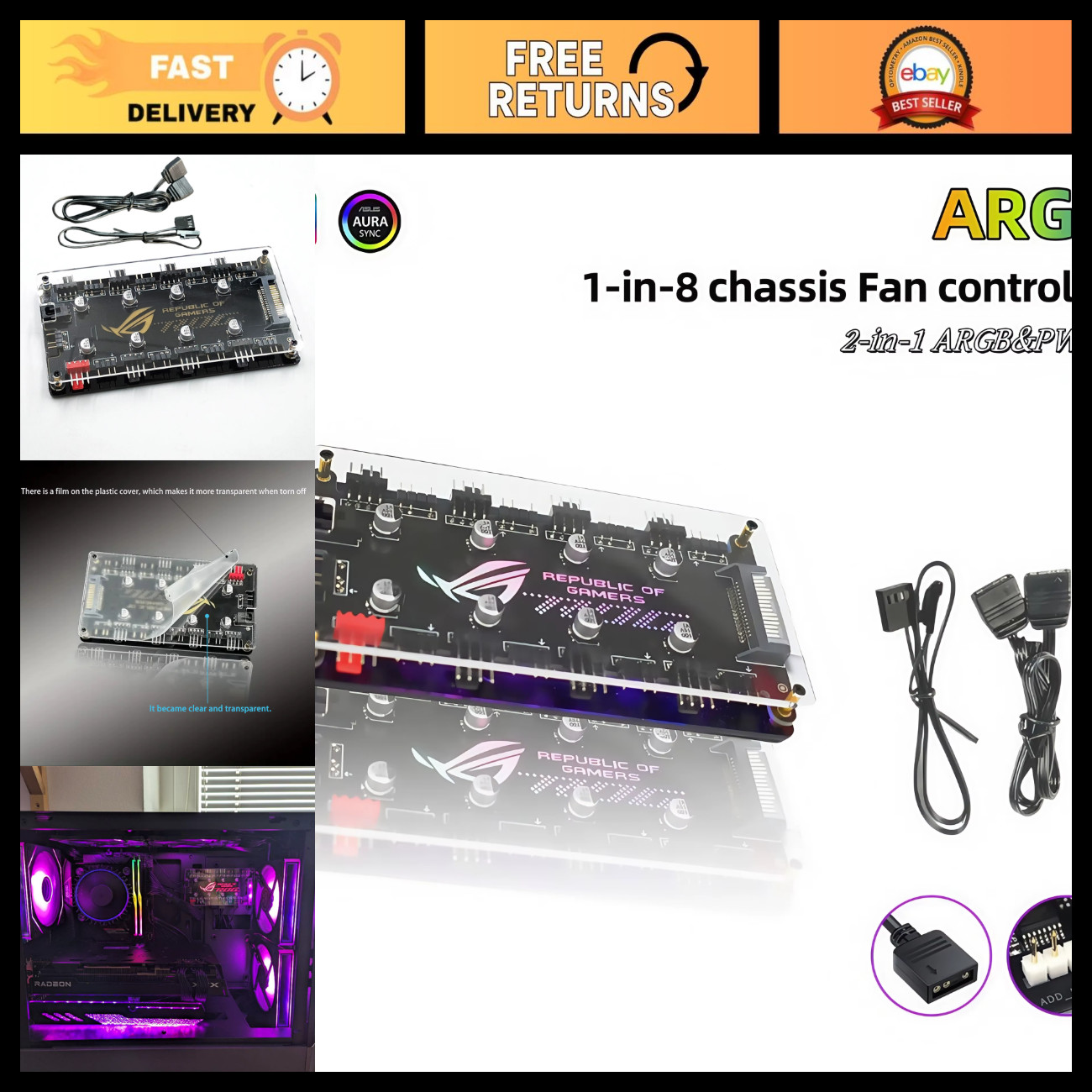 Dual 8-Channel PWM ARGB Hub for 5V/12V PC Case Fans, SATA Power, Magnetic Backpl