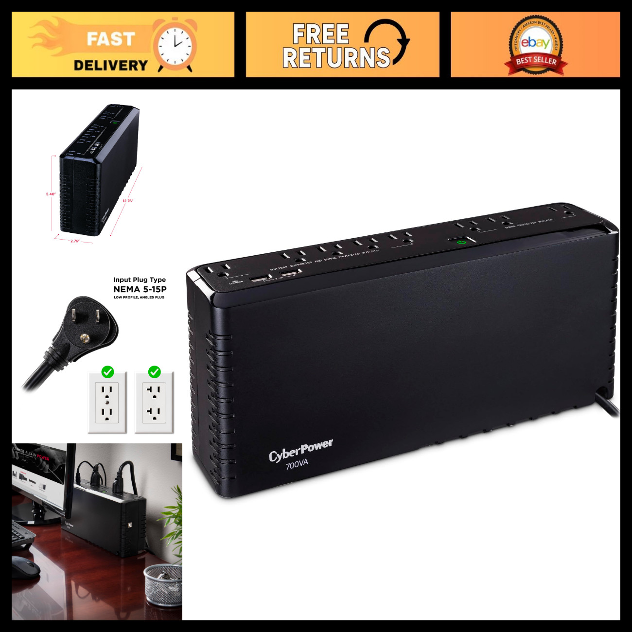 Standby UPS Battery Backup & Surge Protector, 700VA, Reliable Power Supply