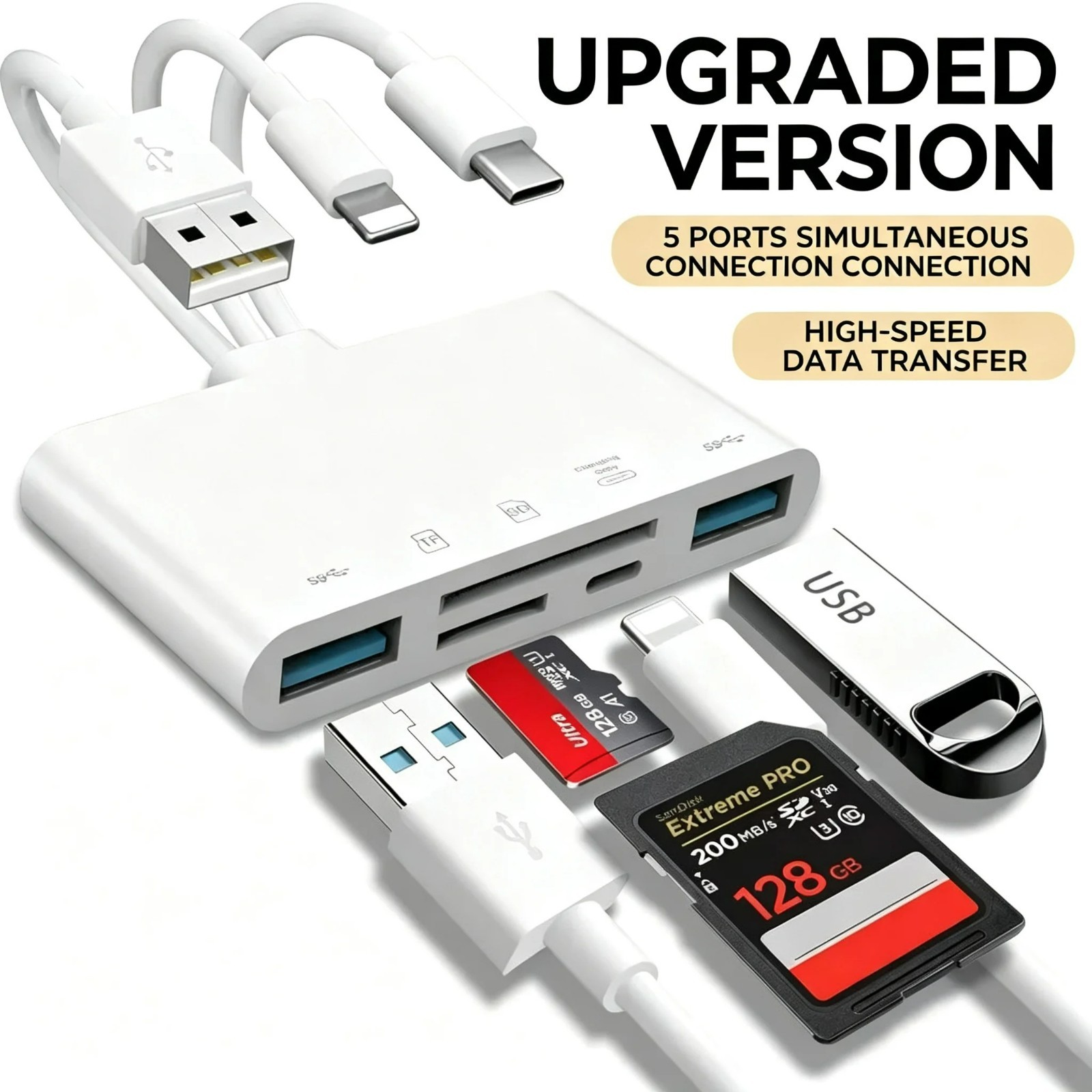 5-in-1 USB OTG Adapter with MicroSD And SD Card Reader Slots Compatible w Iphone