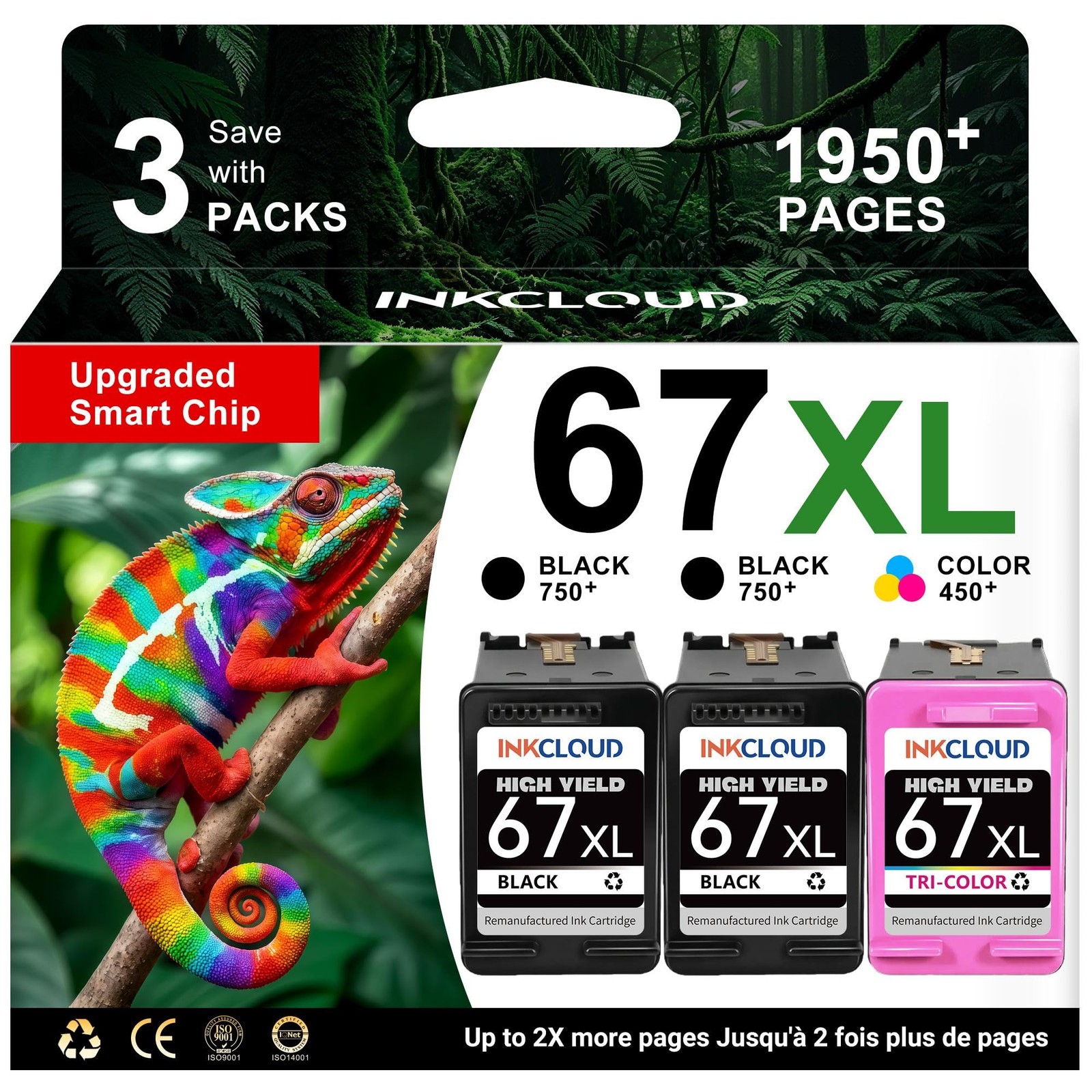 INKCLOUD 67XL Ink Cartridges 2Black 1Color Combo Pack Replacement for HP 67 |...