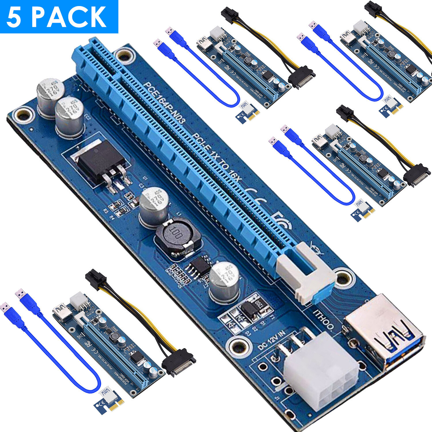 5 Packs USB 3.0 PCI-E PCI Express Risers GPU Mining Powered Riser Adapter Card
